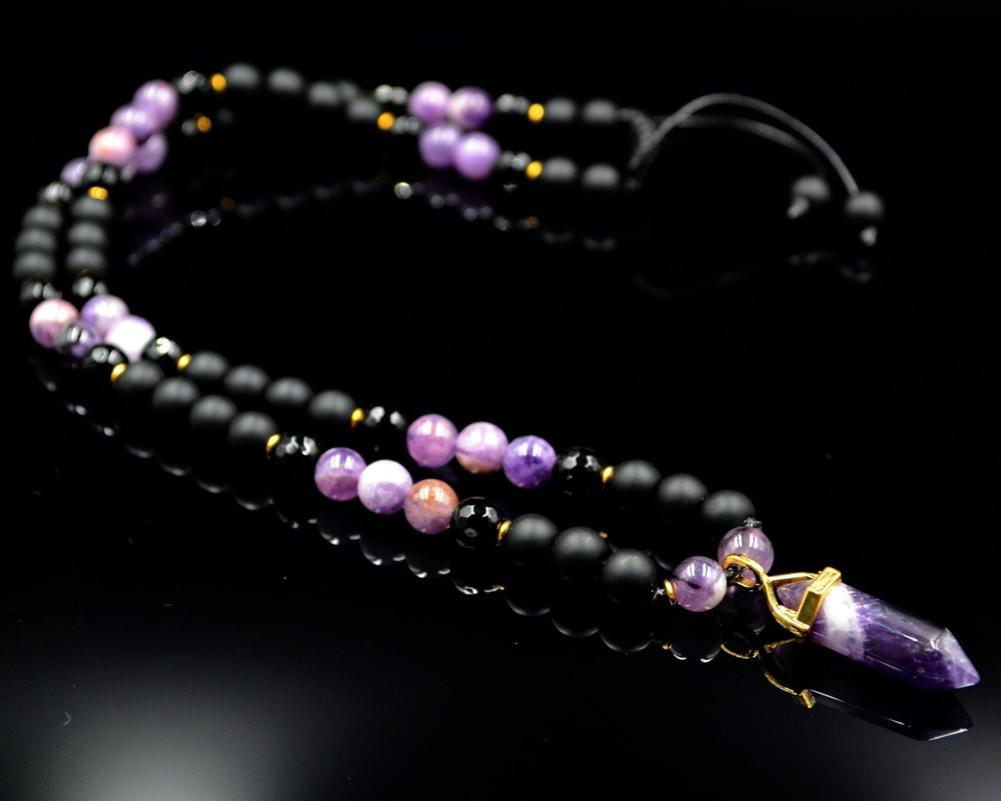 Men's Amethyst Pendant Necklace Gemstone Beads Necklace Onyx Necklace Gift for Men Crystal Necklace Agate Necklace Long Beaded Necklace - Birthstone Necklace - Gemstone Necklace Men - Chakra Necklace - Yoga Necklace - Mantra Necklace -Macrame Necklace  - Healing Necklace - Valinde
