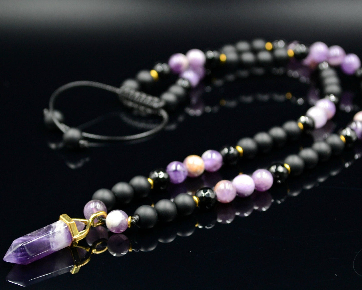 Men's Amethyst Pendant Necklace Gemstone Beads Necklace Onyx Necklace Gift for Men Crystal Necklace Agate Necklace Long Beaded Necklace - Birthstone Necklace - Gemstone Necklace Men - Chakra Necklace - Yoga Necklace - Mantra Necklace -Macrame Necklace  - Healing Necklace - Valinde
