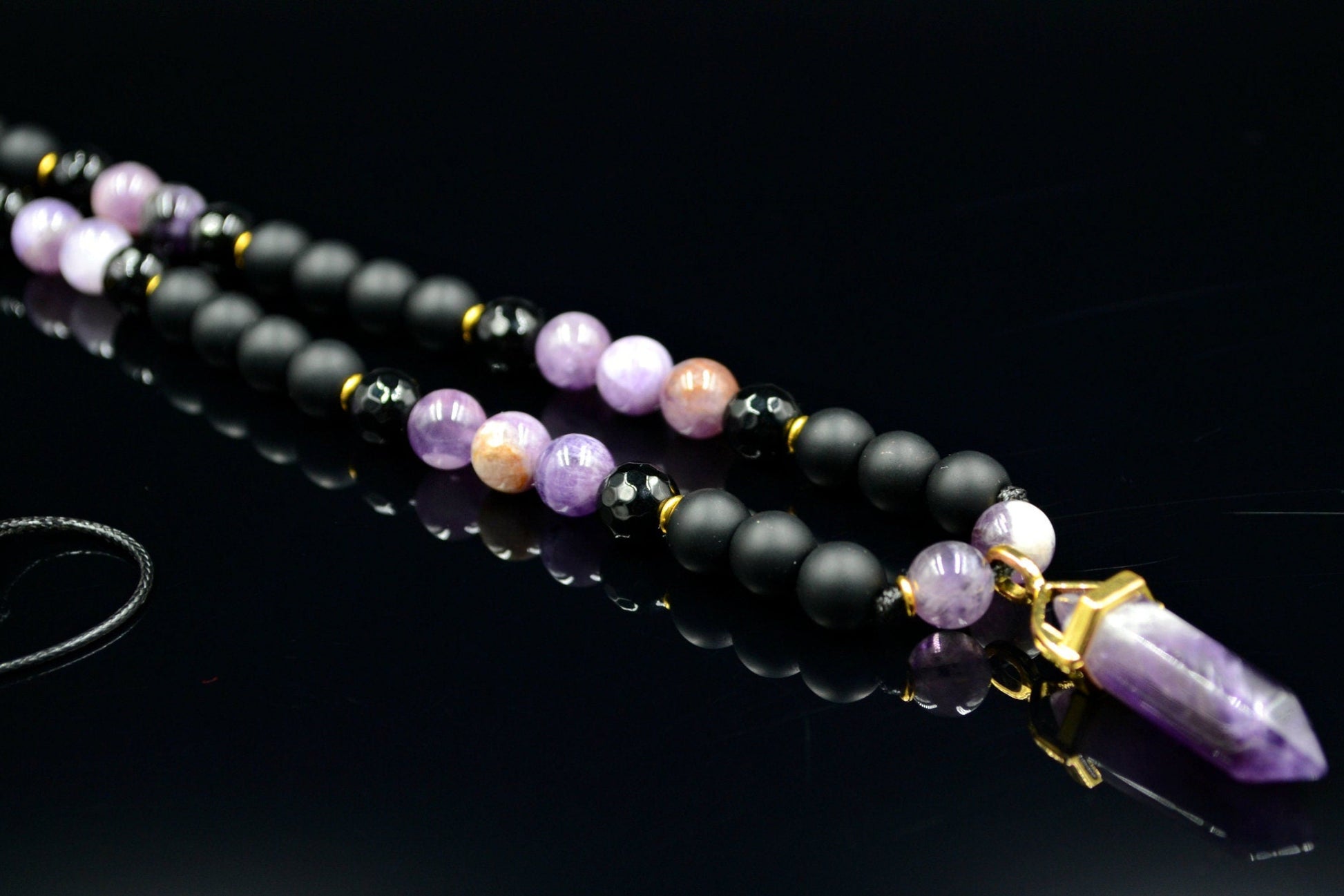 Men's Amethyst Pendant Necklace Gemstone Beads Necklace Onyx Necklace Gift for Men Crystal Necklace Agate Necklace Long Beaded Necklace - Birthstone Necklace - Gemstone Necklace Men - Chakra Necklace - Yoga Necklace - Mantra Necklace -Macrame Necklace  - Healing Necklace - Valinde
