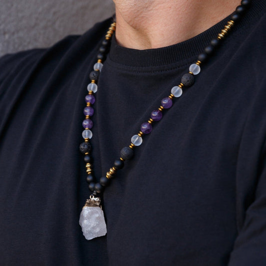 Raw Quartz Pendant Necklace - Men's Amethyst Lava Stone Onyx Bead Necklace - Long Crystal Necklace - Gift for Men - Adjustable Necklace - Shamballa Necklace - Birthstone Necklace - Gemstone Necklace Men - Chakra Necklace - Macrame Necklace  - Healing Necklace - Valinde