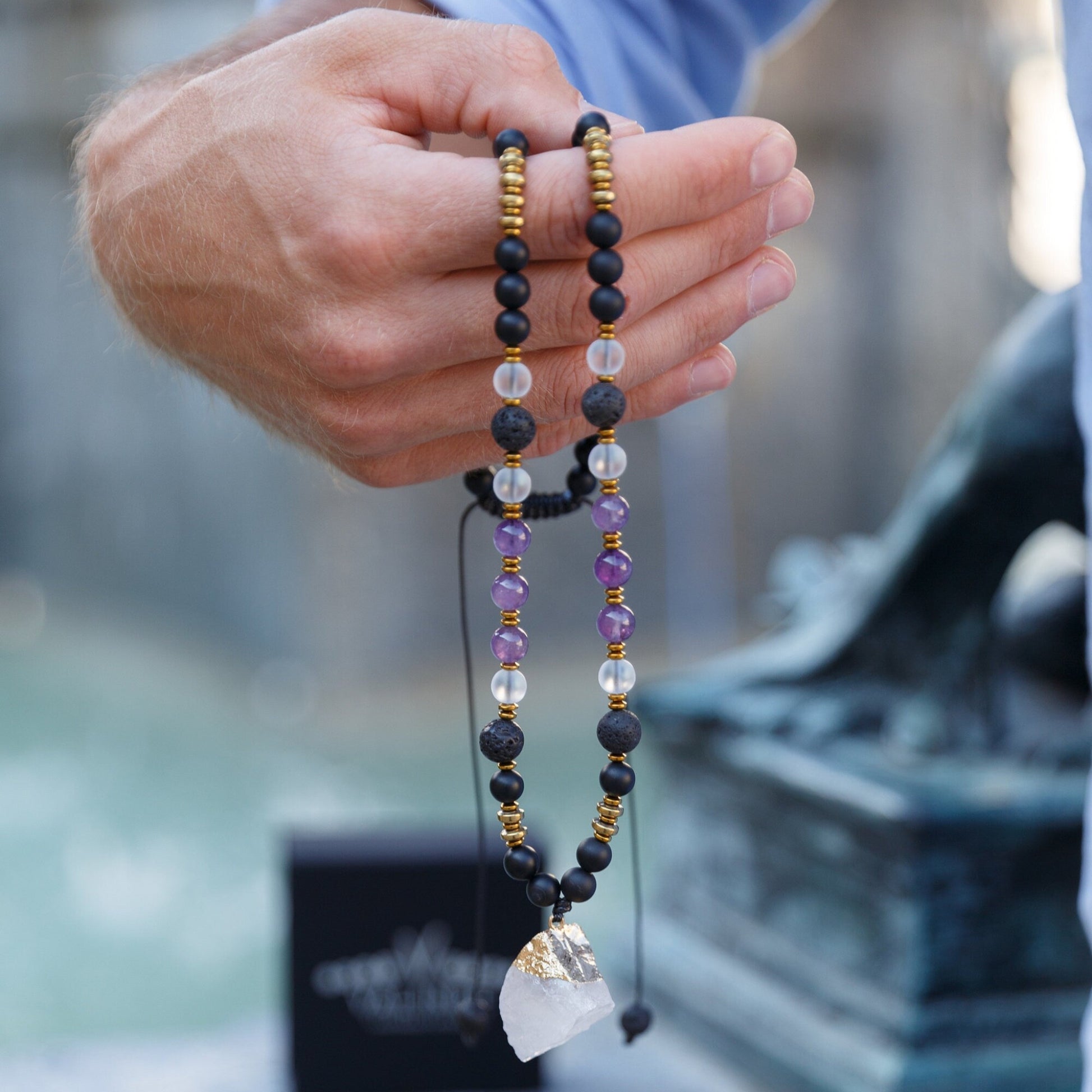 Raw Quartz Pendant Necklace - Men's Amethyst Lava Stone Onyx Bead Necklace - Long Crystal Necklace - Gift for Men - Adjustable Necklace - Shamballa Necklace - Birthstone Necklace - Gemstone Necklace Men - Chakra Necklace - Macrame Necklace  - Healing Necklace - Valinde

