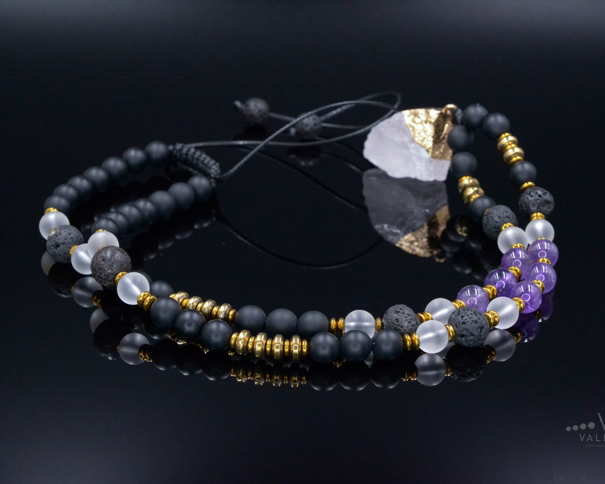 Raw Quartz Pendant Necklace - Men's Amethyst Lava Stone Onyx Bead Necklace - Long Crystal Necklace - Gift for Men - Adjustable Necklace - Shamballa Necklace - Birthstone Necklace - Gemstone Necklace Men - Chakra Necklace - Macrame Necklace  - Healing Necklace - Valinde
