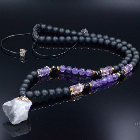 Ametrine Amethyst Crystal Necklace - Men's Raw Fluorite Pendant Necklace - Long Adjustable Necklace - Black Onyx Necklace - Gift for Men- Shamballa Necklace - Birthstone Necklace - Gemstone Necklace Men - Chakra Necklace - Macrame Necklace  - Healing Necklace - Valinde