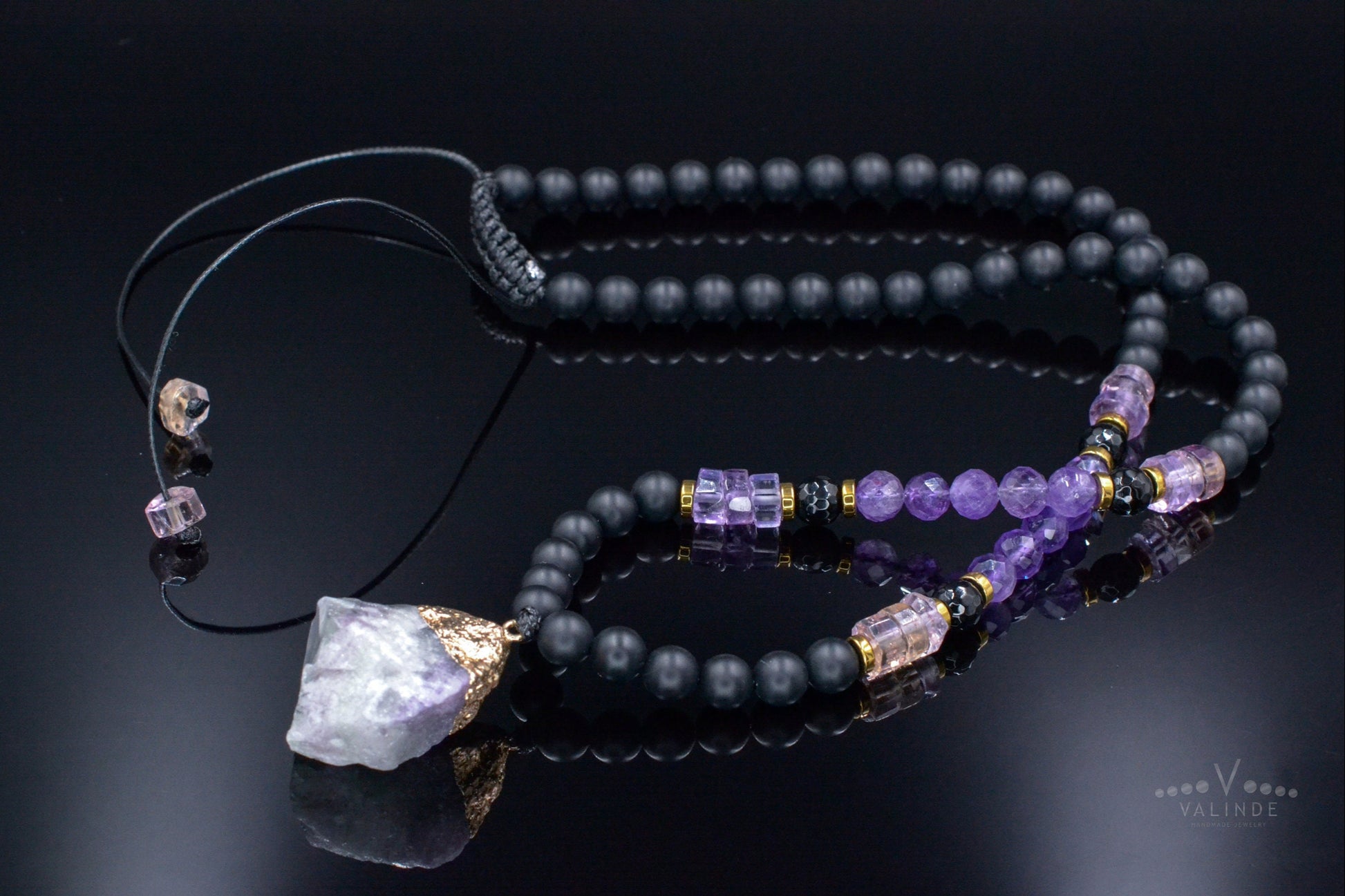 Ametrine Amethyst Crystal Necklace - Men's Raw Fluorite Pendant Necklace - Long Adjustable Necklace - Black Onyx Necklace - Gift for Men  - Shamballa Necklace - Birthstone Necklace - Gemstone Necklace Men - Chakra Necklace - Macrame Necklace  - Healing Necklace - Valinde
