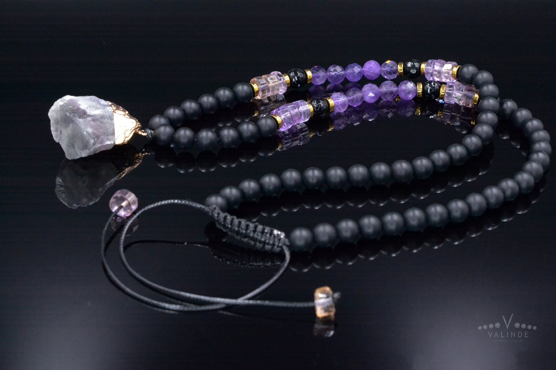Ametrine Amethyst Crystal Necklace - Men's Raw Fluorite Pendant Necklace - Long Adjustable Necklace - Black Onyx Necklace - Gift for Men  - Shamballa Necklace - Birthstone Necklace - Gemstone Necklace Men - Chakra Necklace - Macrame Necklace  - Healing Necklace - Valinde
