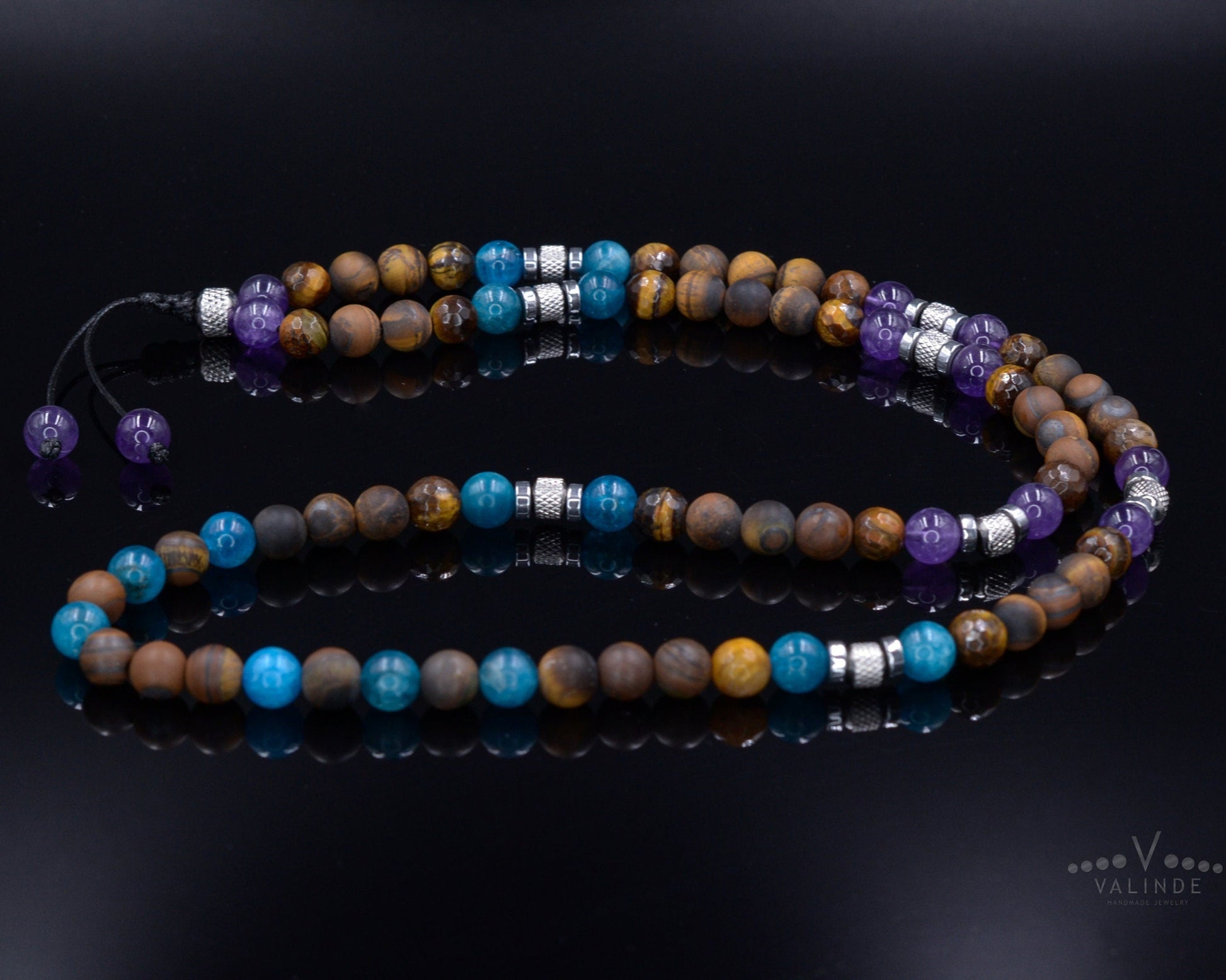 Men's Tiger's Eye and Apatite Necklace - Long Beaded Necklace - Amethyst Crystal Necklace - Gift for Man - Steel Beads Necklace - Men's Gift - Shamballa Necklace - Birthstone Necklace - Gemstone Necklace Men - Chakra Necklace - Macrame Necklace  - Healing Necklace - Valinde