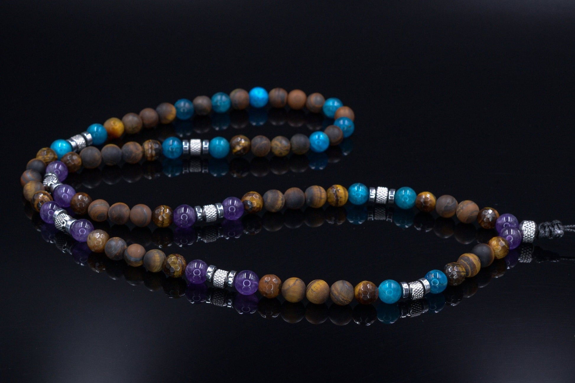 Men's Tiger's Eye and Apatite Necklace - Long Beaded Necklace - Amethyst Crystal Necklace - Gift for Man - Steel Beads Necklace - Men's Gift - Shamballa Necklace - Birthstone Necklace - Gemstone Necklace Men - Chakra Necklace - Macrame Necklace  - Healing Necklace - Valinde