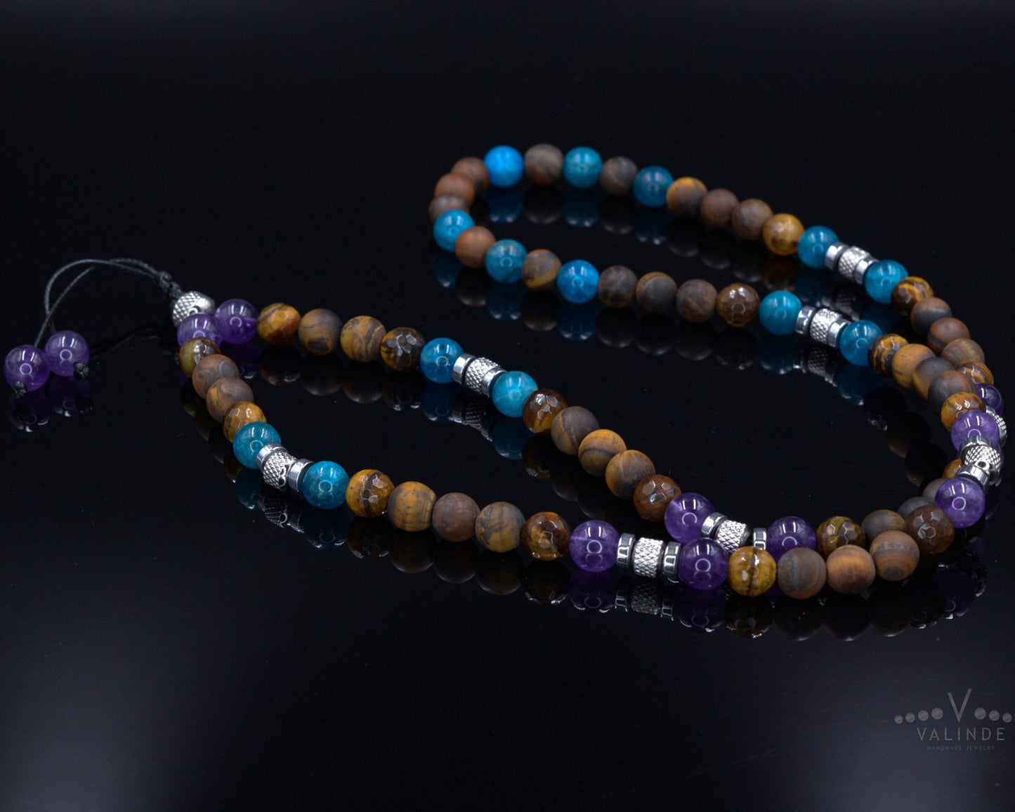 Men's Tiger's Eye and Apatite Necklace - Long Beaded Necklace - Amethyst Crystal Necklace - Gift for Man - Steel Beads Necklace - Men's Gift - Shamballa Necklace - Birthstone Necklace - Gemstone Necklace Men - Chakra Necklace - Macrame Necklace  - Healing Necklace - Valinde

