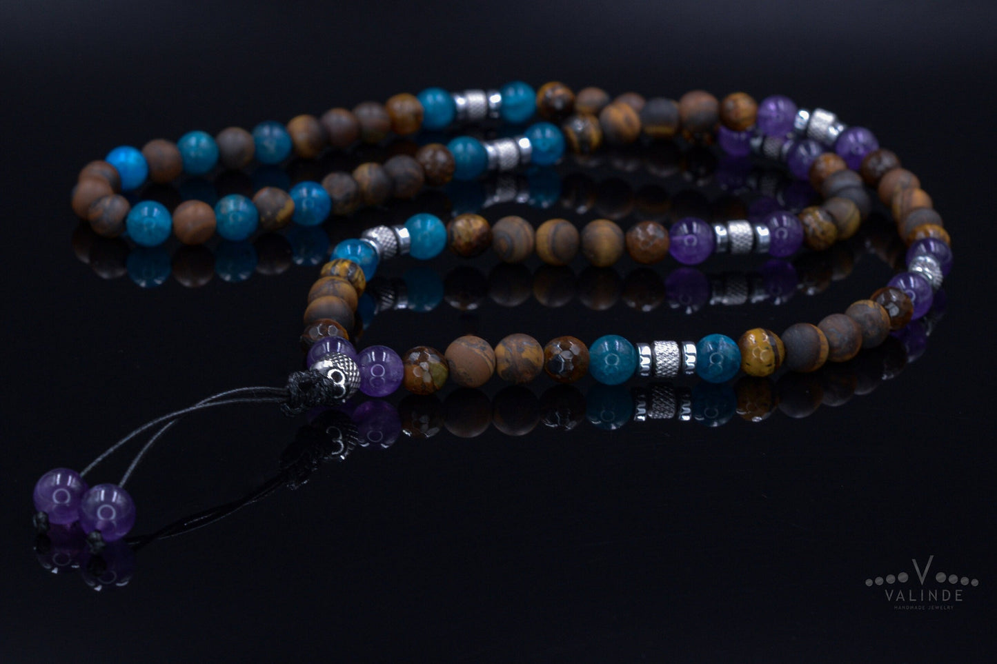 Men's Tiger's Eye and Apatite Necklace - Long Beaded Necklace - Amethyst Crystal Necklace - Gift for Man - Steel Beads Necklace - Men's Gift - Shamballa Necklace - Birthstone Necklace - Gemstone Necklace Men - Chakra Necklace - Macrame Necklace  - Healing Necklace - Valinde
