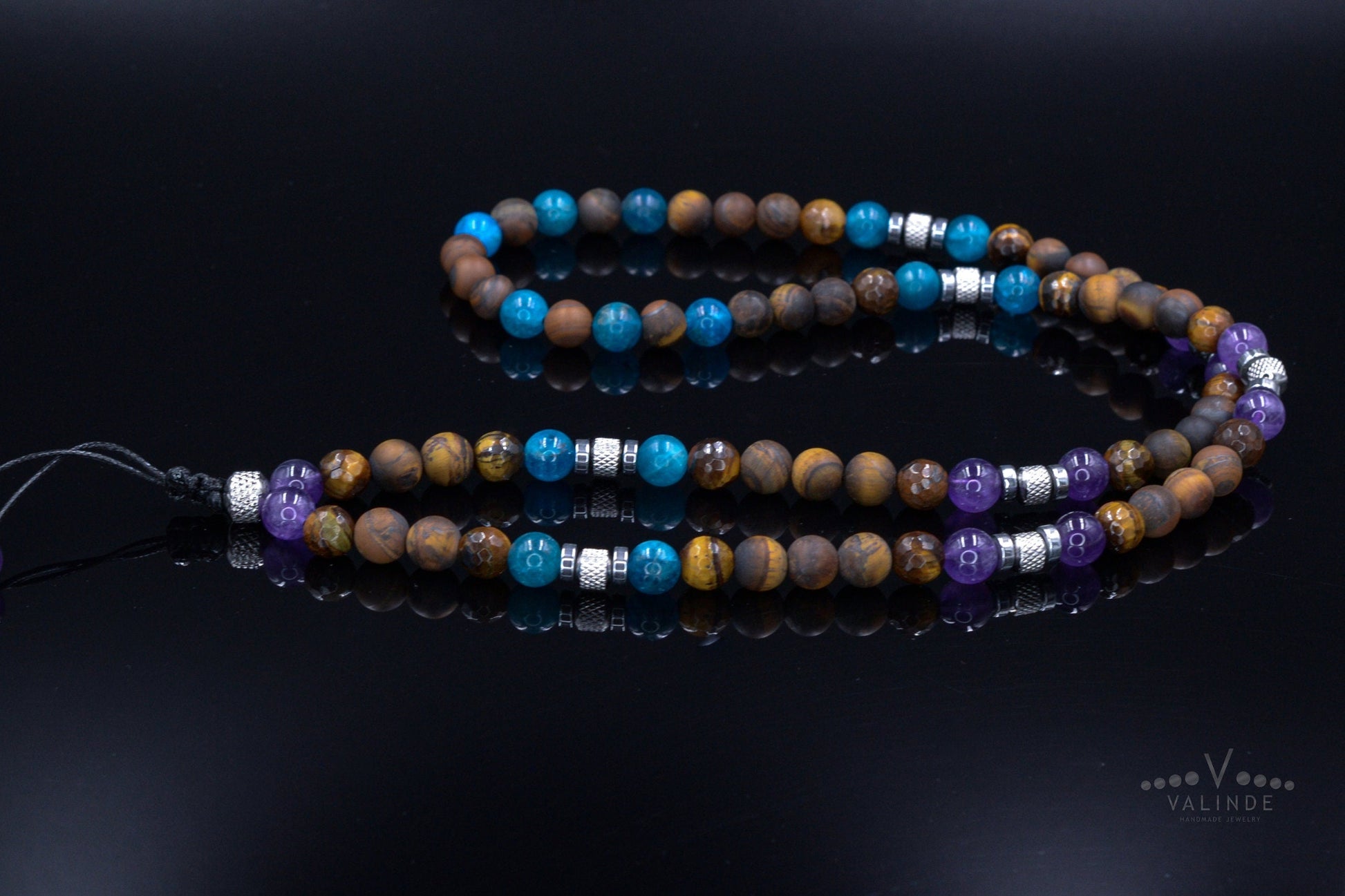 Men's Tiger's Eye and Apatite Necklace - Long Beaded Necklace - Amethyst Crystal Necklace - Gift for Man - Steel Beads Necklace - Men's Gift - Shamballa Necklace - Birthstone Necklace - Gemstone Necklace Men - Chakra Necklace - Macrame Necklace  - Healing Necklace - Valinde
