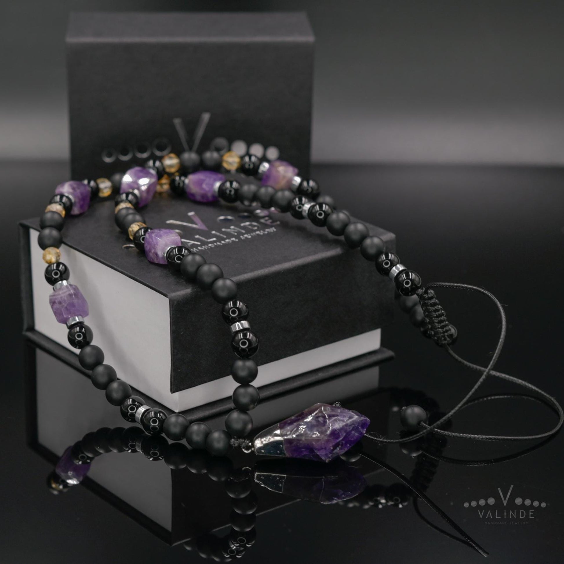 Amethyst Long Beaded Necklace, Men's Onyx Citrine Agate Hematite Necklace, Gift for Him, Adjustable Necklace, Pendant Necklace, Gift for Men - Valinde - Shamballa Necklace - Birthstone Necklace - Gemstone Necklace Men - Chakra Necklace - Macrame Necklace  - Healing Necklace - Valinde