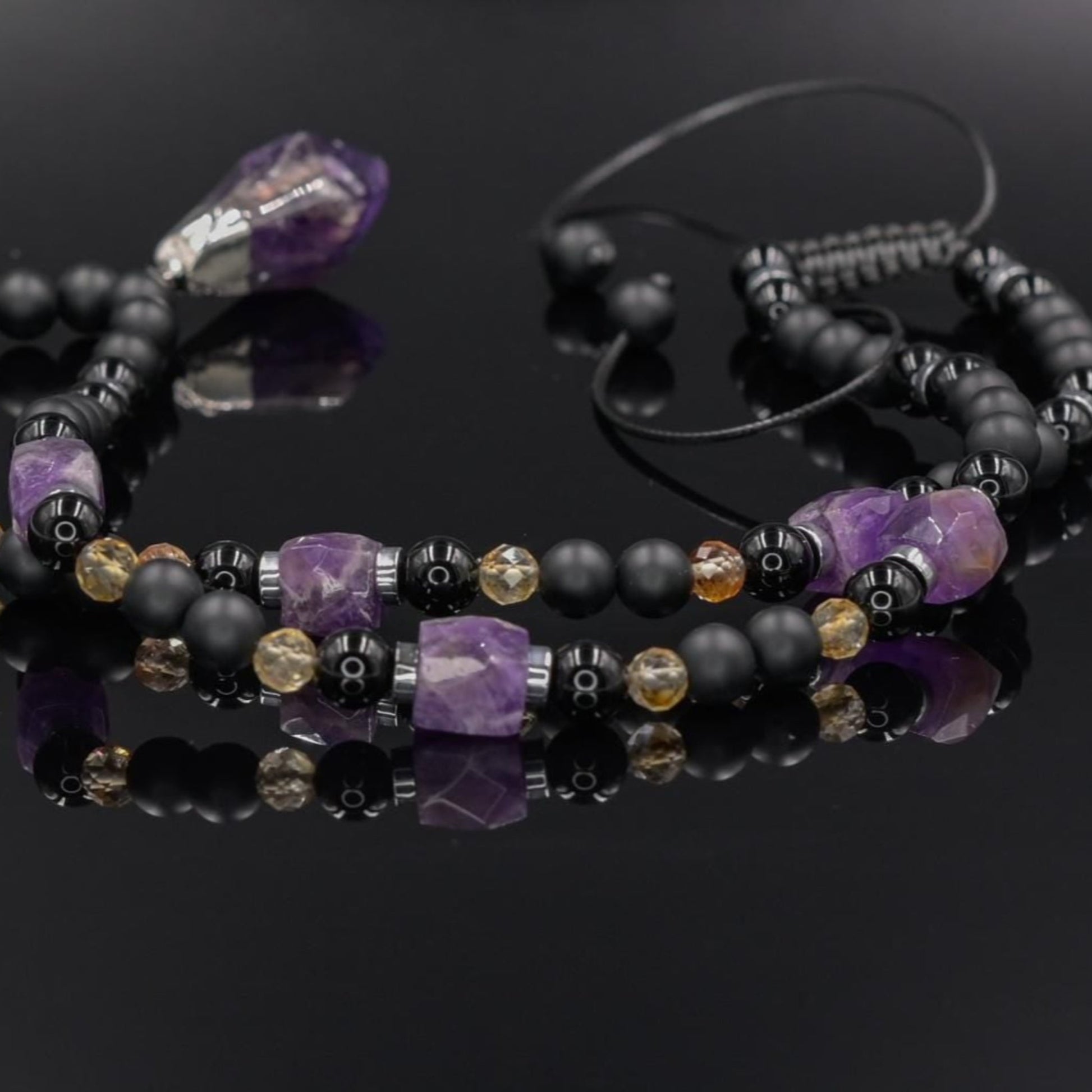 Amethyst Long Beaded Necklace, Men's Onyx Citrine Agate Hematite Necklace, Gift for Him, Adjustable Necklace, Pendant Necklace, Gift for Men - Valinde - Shamballa Necklace - Birthstone Necklace - Gemstone Necklace Men - Chakra Necklace - Macrame Necklace  - Healing Necklace - Valinde
