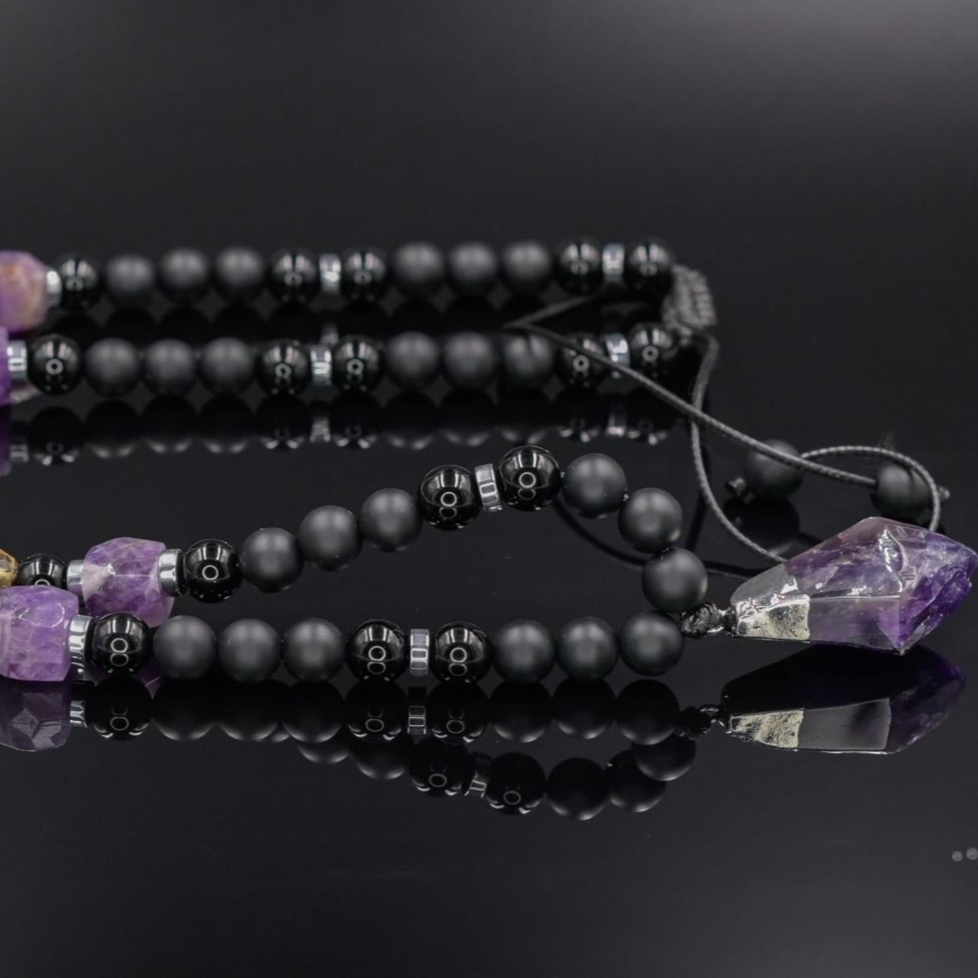 Amethyst Long Beaded Necklace, Men's Onyx Citrine Agate Hematite Necklace, Gift for Him, Adjustable Necklace, Pendant Necklace, Gift for Men - Valinde - Shamballa Necklace - Birthstone Necklace - Gemstone Necklace Men - Chakra Necklace - Macrame Necklace  - Healing Necklace - Valinde
