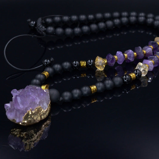 Druzy Amethyst Pendant Necklace - Men's Black Onyx & Citrine Crystal Necklace - Long Beaded Necklace - Gift for Men - Amethyst Necklace - Shamballa Necklace - Birthstone Necklace - Gemstone Necklace Men - Chakra Necklace - Macrame Necklace  - Healing Necklace - Valinde