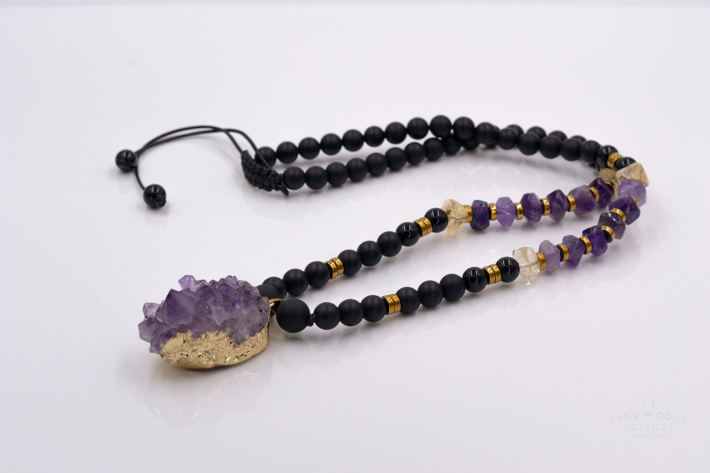 Druzy Amethyst Pendant Necklace - Men's Black Onyx & Citrine Crystal Necklace - Long Beaded Necklace - Gift for Men - Amethyst Necklace
