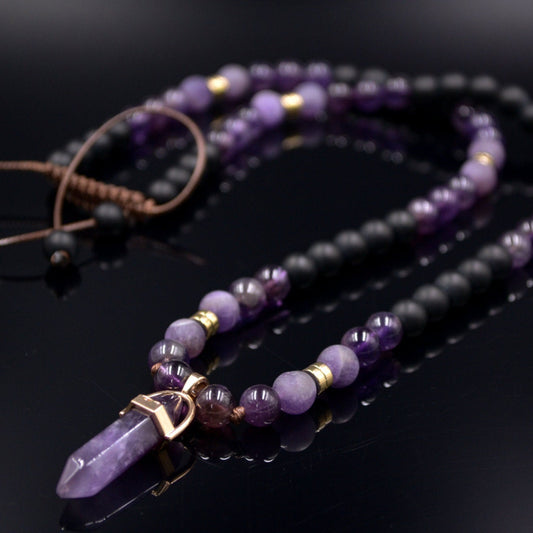 Men's Amethyst Crystal Necklace Long Beaded Necklace Amethyst Pendant Necklace Gift for Men Adjustable Unisex Necklace Man Stone Necklace - Shamballa Necklace - Birthstone Necklace - Gemstone Necklace Men - Chakra Necklace - Yoga Necklace - Mantra Necklace -Macrame Necklace  - Healing Necklace - Valinde
