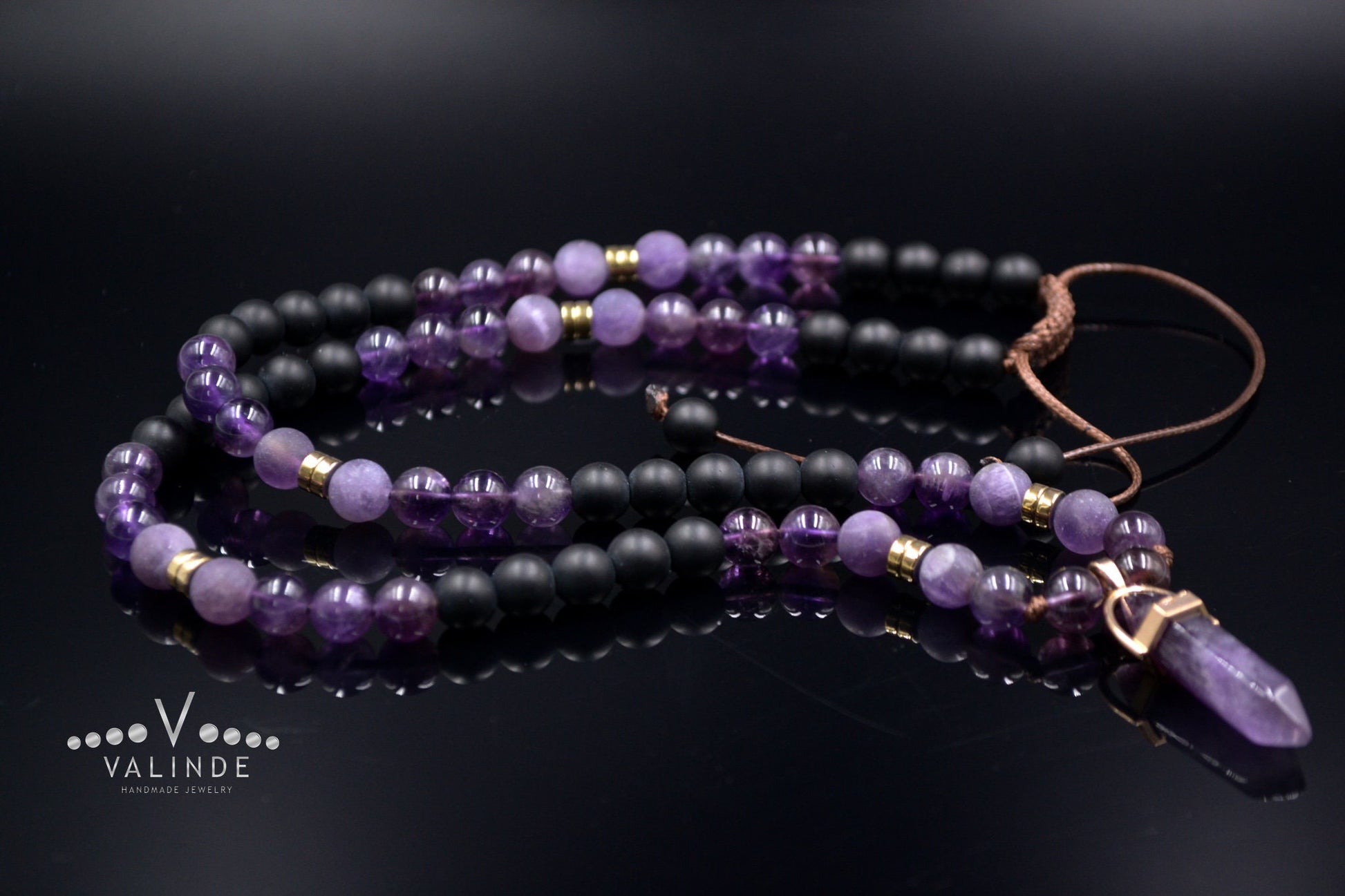 Men's Amethyst Crystal Necklace Long Beaded Necklace Amethyst Pendant Necklace Gift for Men Adjustable Unisex Necklace Man Stone Necklace - Shamballa Necklace - Birthstone Necklace - Gemstone Necklace Men - Chakra Necklace - Yoga Necklace - Mantra Necklace -Macrame Necklace  - Healing Necklace - Valinde

