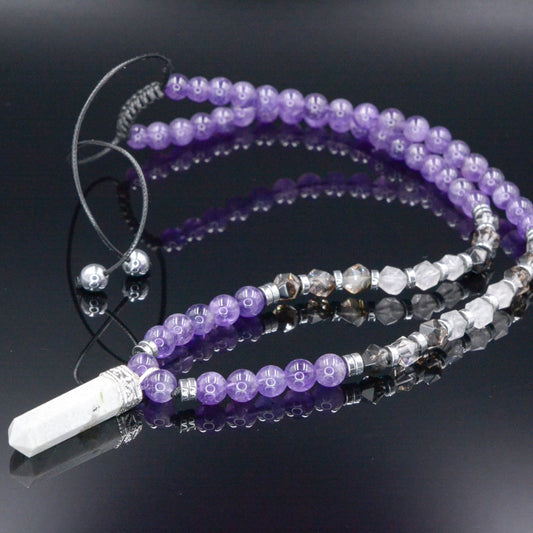 Men's Amethyst Crystal Necklace - Long Rutilated Quartz Beads Necklace - Gift for Men - Adjustable Necklace -Japer Pendant Necklace for Men  - Shamballa Necklace - Birthstone Necklace - Gemstone Necklace Men - Chakra Necklace - Macrame Necklace  - Healing Necklace - Valinde

