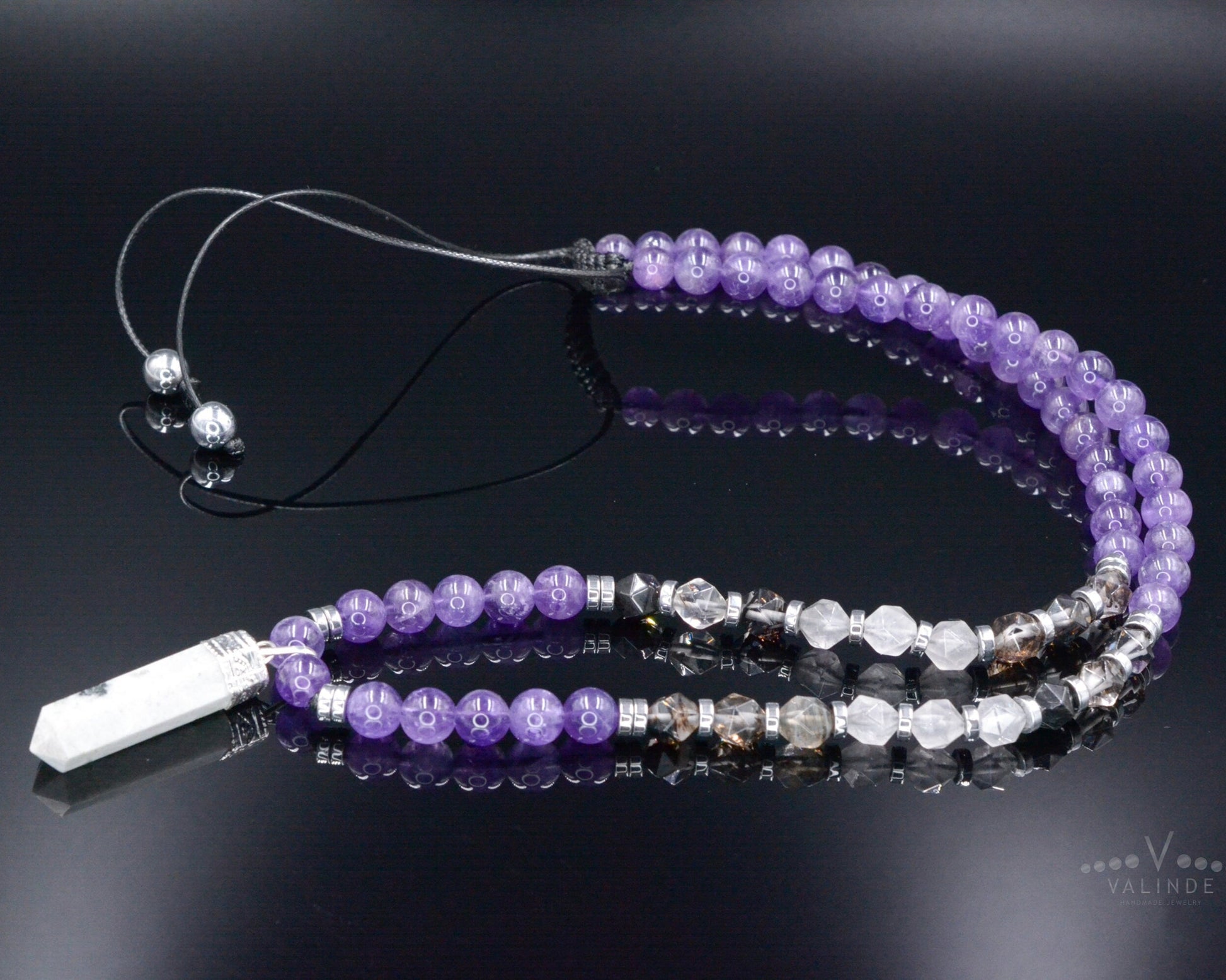 Men's Amethyst Crystal Necklace - Long Rutilated Quartz Beads Necklace - Gift for Men - Adjustable Necklace -Japer Pendant Necklace for Men  - Shamballa Necklace - Birthstone Necklace - Gemstone Necklace Men - Chakra Necklace - Macrame Necklace  - Healing Necklace - Valinde
