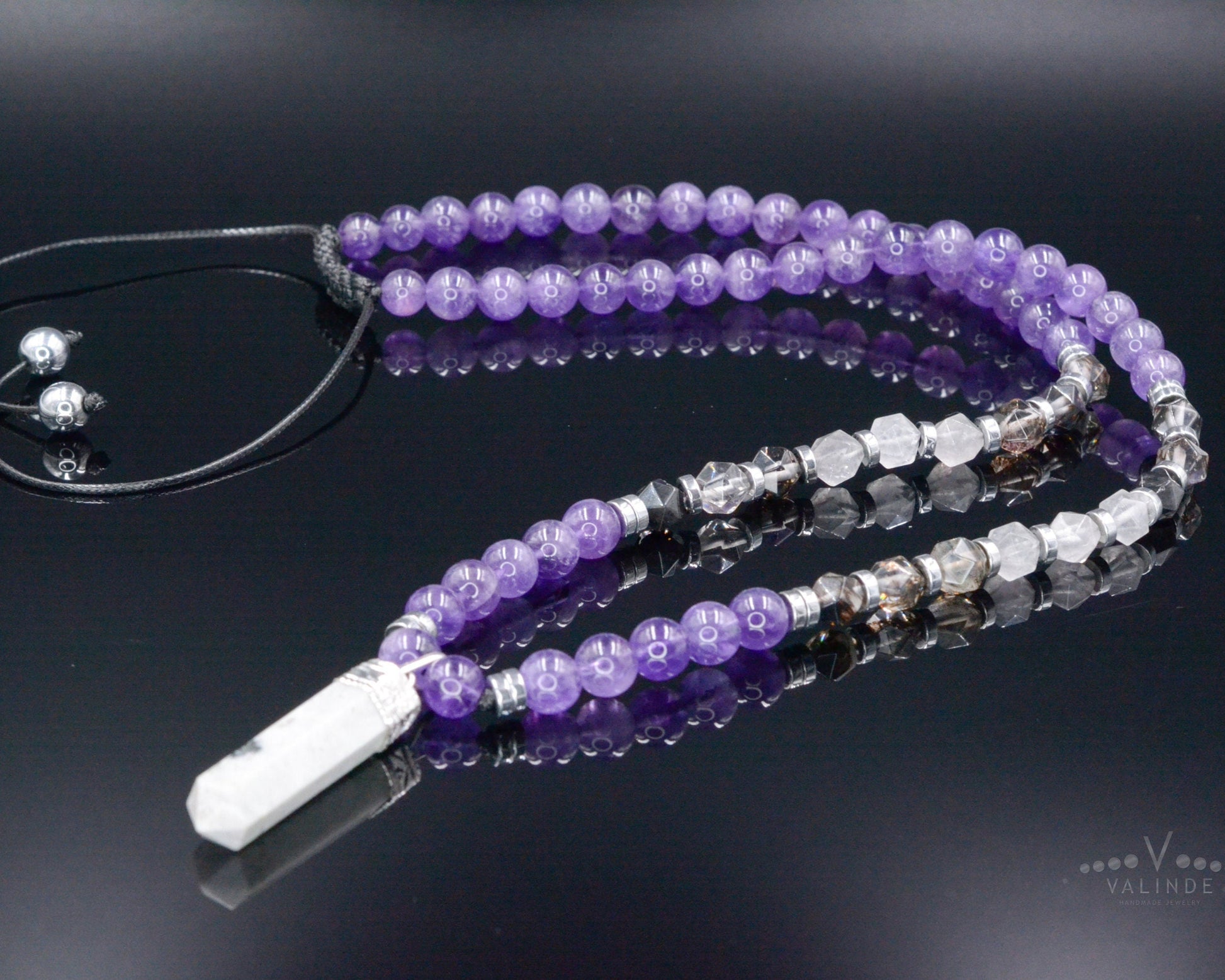 Men's Amethyst Crystal Necklace - Long Rutilated Quartz Beads Necklace - Gift for Men - Adjustable Necklace -Japer Pendant Necklace for Men  - Shamballa Necklace - Birthstone Necklace - Gemstone Necklace Men - Chakra Necklace - Macrame Necklace  - Healing Necklace - Valinde

