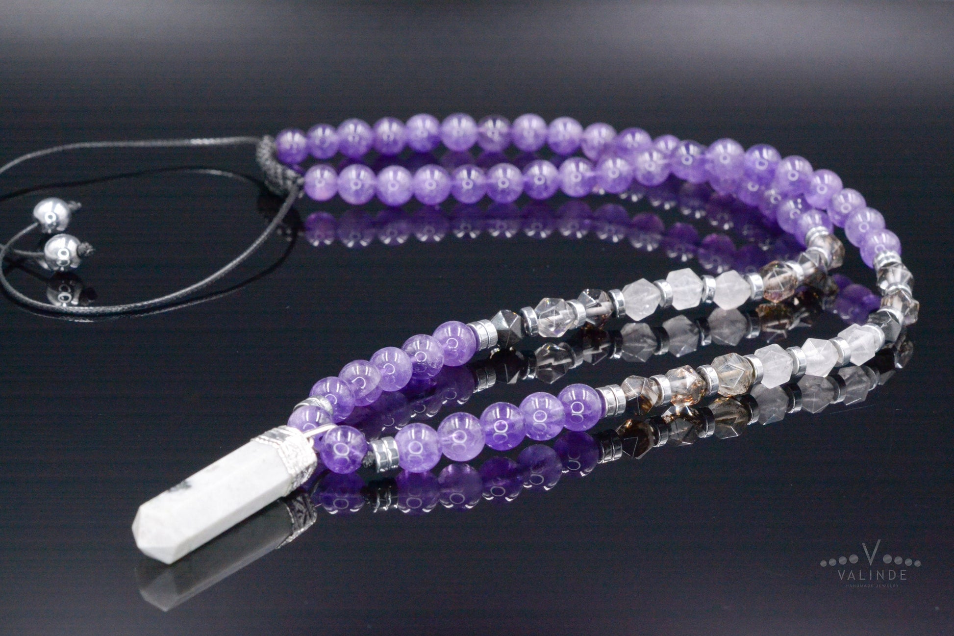 Men's Amethyst Crystal Necklace - Long Rutilated Quartz Beads Necklace - Gift for Men - Adjustable Necklace -Japer Pendant Necklace for Men  - Shamballa Necklace - Birthstone Necklace - Gemstone Necklace Men - Chakra Necklace - Macrame Necklace  - Healing Necklace - Valinde
