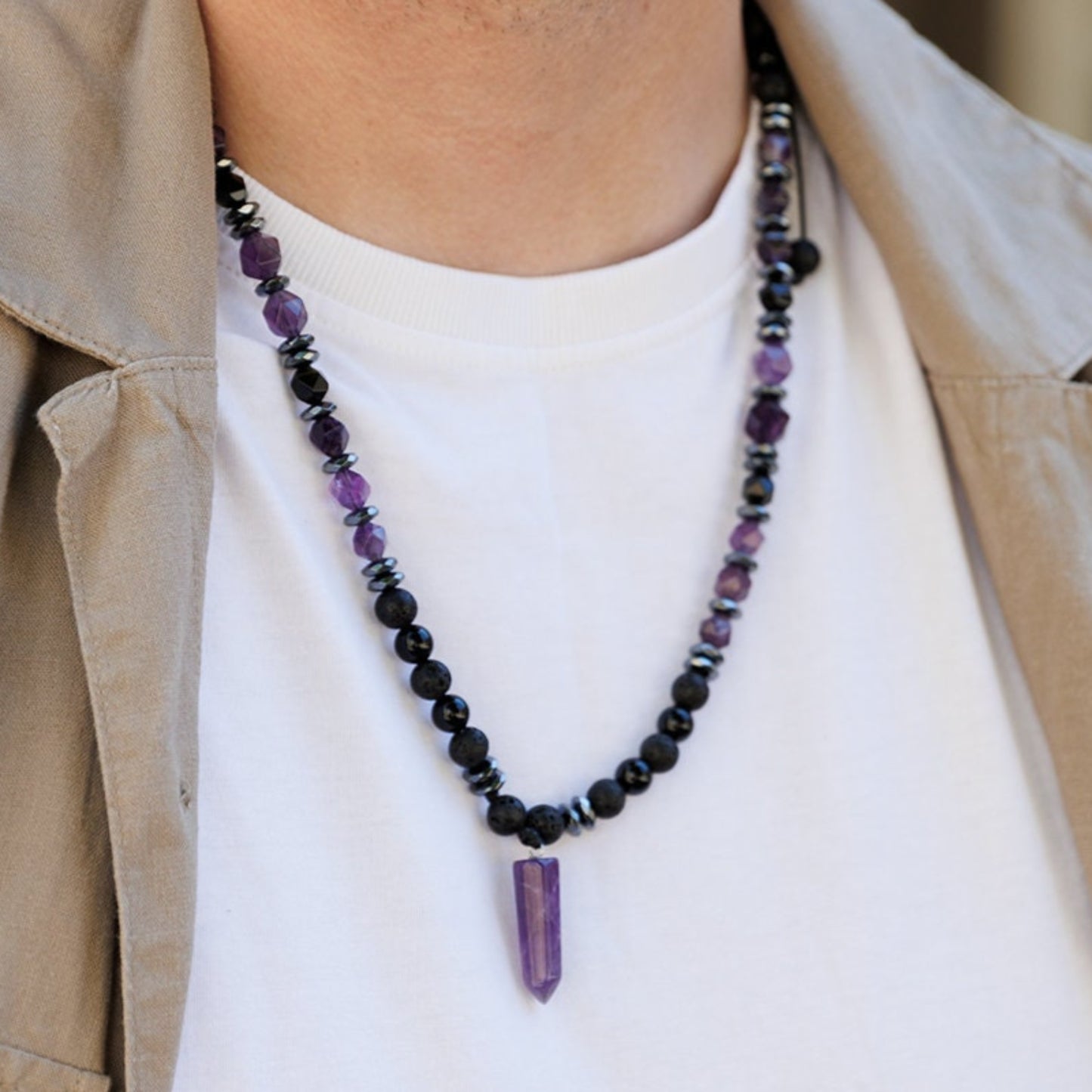 Amethyst Pendant Necklace, Men's Black Lava Stone Amethyst Agate Crystal Necklace, Long Beaded Adjustable Necklace, Gift for Men, Men's Gift - Shamballa Necklace - Birthstone Necklace - Gemstone Necklace Men - Chakra Necklace - Yoga Necklace - Mantra Necklace -Macrame Necklace  - Healing Necklace - Valinde
