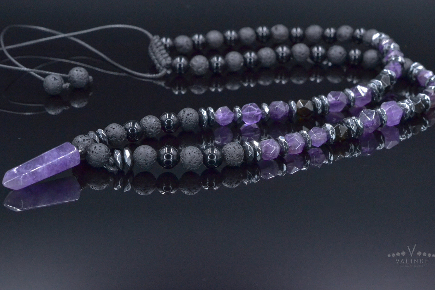 Amethyst Pendant Necklace, Men's Black Lava Stone Amethyst Agate Crystal Necklace, Long Beaded Adjustable Necklace, Gift for Men, Men's Gift - Shamballa Necklace - Birthstone Necklace - Gemstone Necklace Men - Chakra Necklace - Yoga Necklace - Mantra Necklace -Macrame Necklace  - Healing Necklace - Valinde
