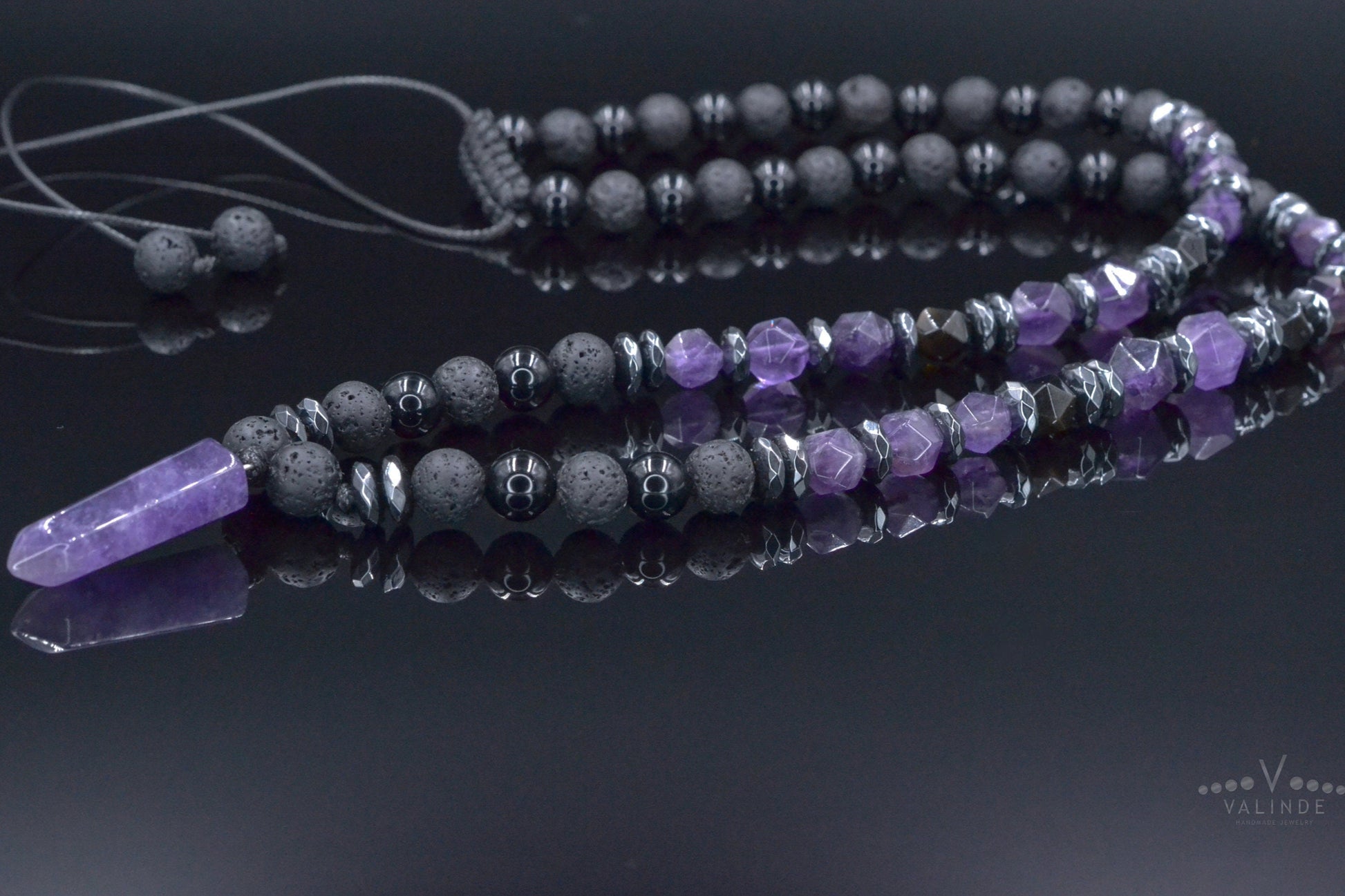 Amethyst Pendant Necklace, Men's Black Lava Stone Amethyst Agate Crystal Necklace, Long Beaded Adjustable Necklace, Gift for Men, Men's Gift - Shamballa Necklace - Birthstone Necklace - Gemstone Necklace Men - Chakra Necklace - Yoga Necklace - Mantra Necklace -Macrame Necklace  - Healing Necklace - Valinde
