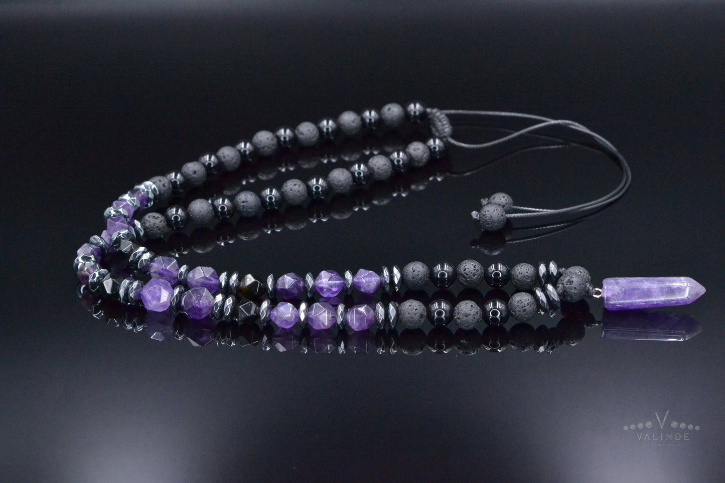 Amethyst Pendant Necklace, Men's Black Lava Stone Amethyst Agate Crystal Necklace, Long Beaded Adjustable Necklace, Gift for Men, Men's Gift - Shamballa Necklace - Birthstone Necklace - Gemstone Necklace Men - Chakra Necklace - Yoga Necklace - Mantra Necklace -Macrame Necklace  - Healing Necklace - Valinde
