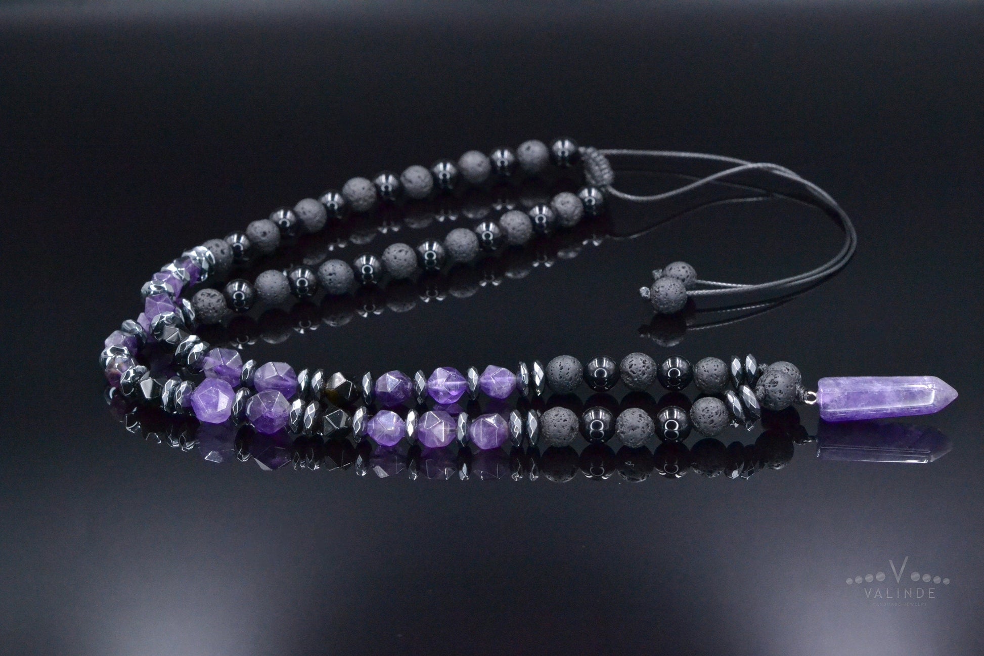 Amethyst Pendant Necklace, Men's Black Lava Stone Amethyst Agate Crystal Necklace, Long Beaded Adjustable Necklace, Gift for Men, Men's Gift - Shamballa Necklace - Birthstone Necklace - Gemstone Necklace Men - Chakra Necklace - Yoga Necklace - Mantra Necklace -Macrame Necklace  - Healing Necklace - Valinde
