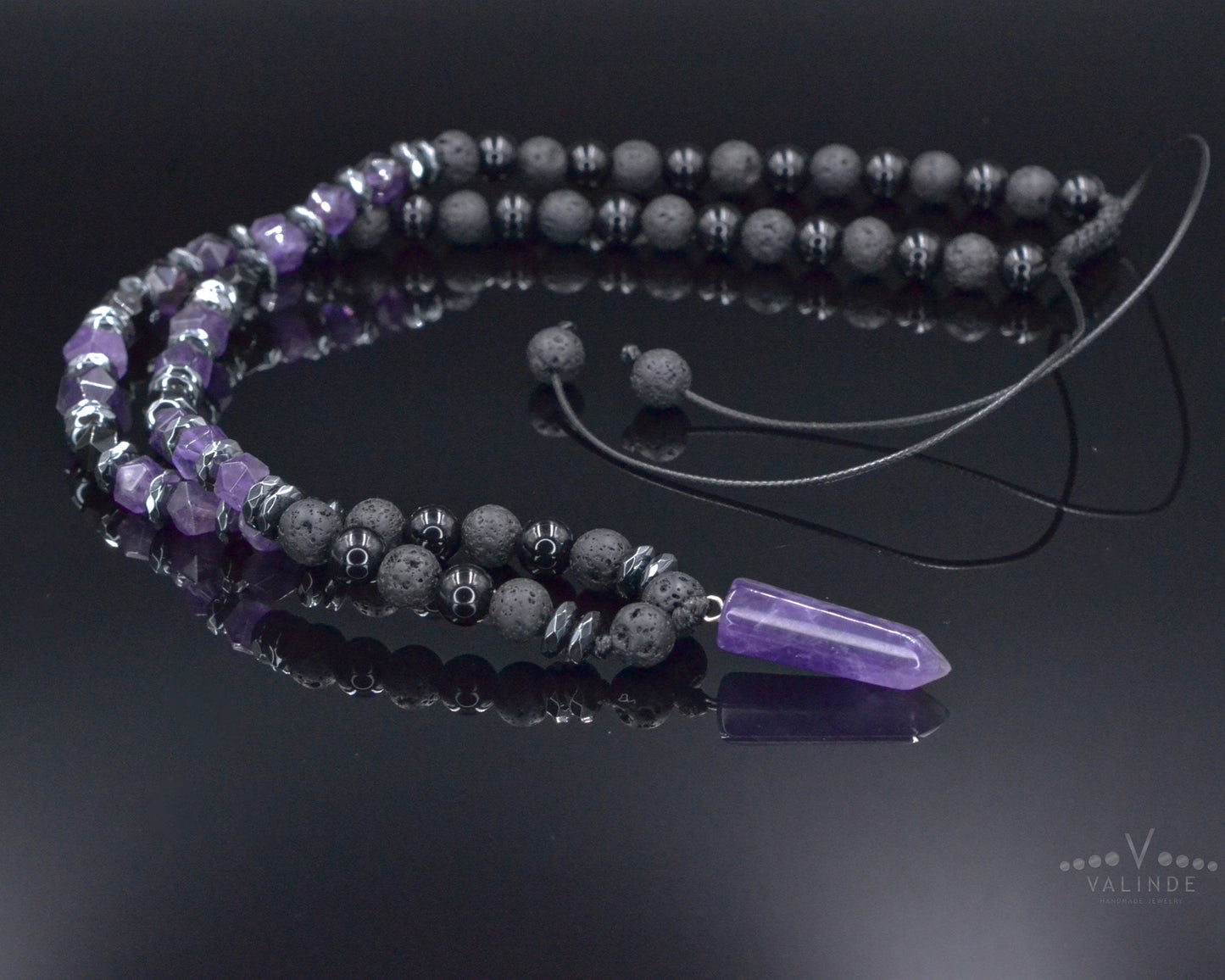 Amethyst Pendant Necklace, Men's Black Lava Stone Amethyst Agate Crystal Necklace, Long Beaded Adjustable Necklace, Gift for Men, Men's Gift - Shamballa Necklace - Birthstone Necklace - Gemstone Necklace Men - Chakra Necklace - Yoga Necklace - Mantra Necklace -Macrame Necklace  - Healing Necklace - Valinde
