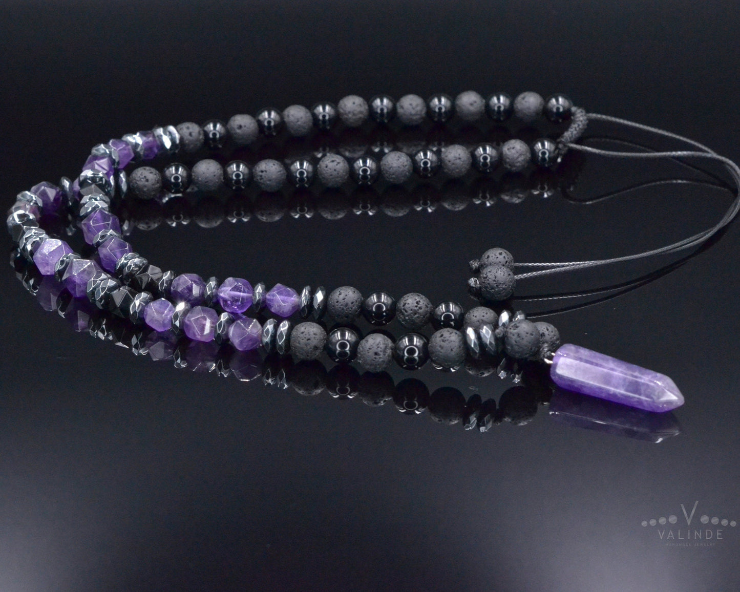 Amethyst Pendant Necklace, Men's Black Lava Stone Amethyst Agate Crystal Necklace, Long Beaded Adjustable Necklace, Gift for Men, Men's Gift - Shamballa Necklace - Birthstone Necklace - Gemstone Necklace Men - Chakra Necklace - Yoga Necklace - Mantra Necklace -Macrame Necklace  - Healing Necklace - Valinde

