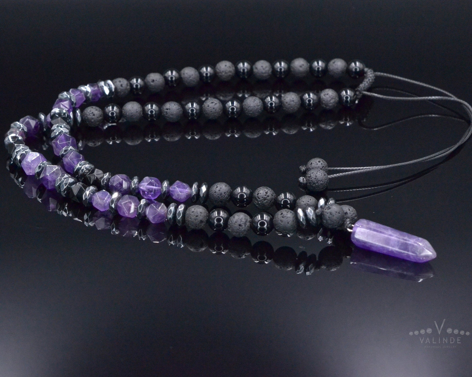 Amethyst Pendant Necklace, Men's Black Lava Stone Amethyst Agate Crystal Necklace, Long Beaded Adjustable Necklace, Gift for Men, Men's Gift - Shamballa Necklace - Birthstone Necklace - Gemstone Necklace Men - Chakra Necklace - Yoga Necklace - Mantra Necklace -Macrame Necklace  - Healing Necklace - Valinde
