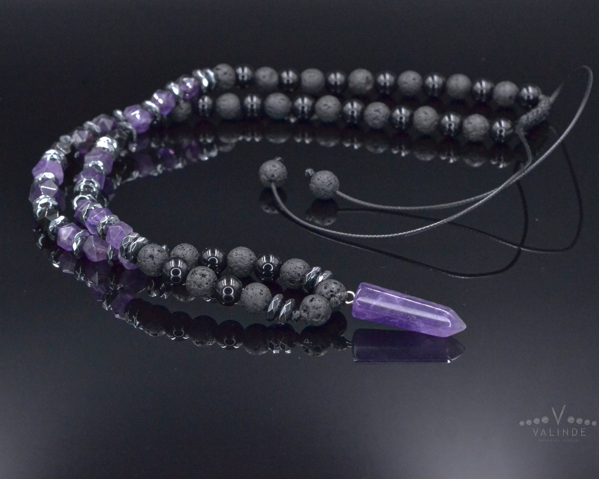 Amethyst Pendant Necklace, Men's Black Lava Stone Amethyst Agate Crystal Necklace, Long Beaded Adjustable Necklace, Gift for Men, Men's Gift - Shamballa Necklace - Birthstone Necklace - Gemstone Necklace Men - Chakra Necklace - Yoga Necklace - Mantra Necklace -Macrame Necklace  - Healing Necklace - Valinde
