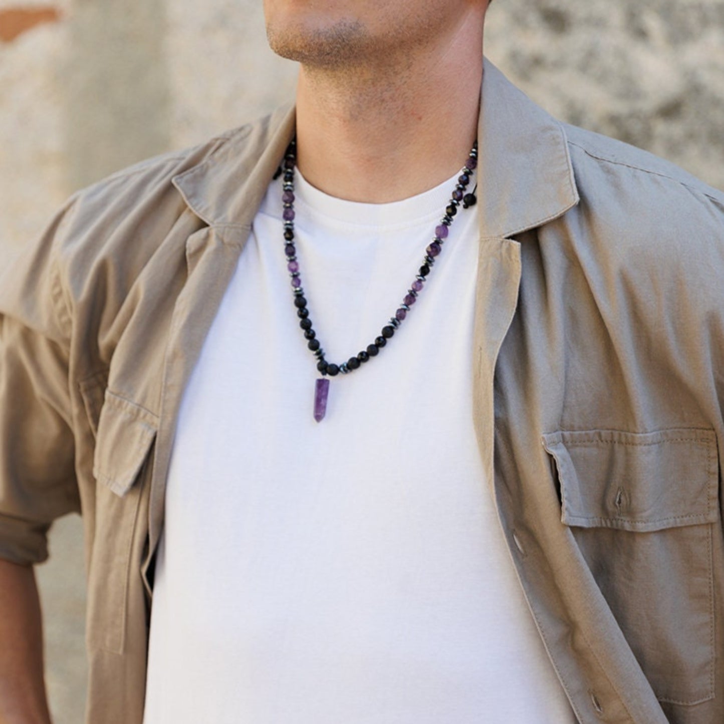 Amethyst Pendant Necklace, Men's Black Lava Stone Amethyst Agate Crystal Necklace, Long Beaded Adjustable Necklace, Gift for Men, Men's Gift - Shamballa Necklace - Birthstone Necklace - Gemstone Necklace Men - Chakra Necklace - Yoga Necklace - Mantra Necklace -Macrame Necklace  - Healing Necklace - Valinde
