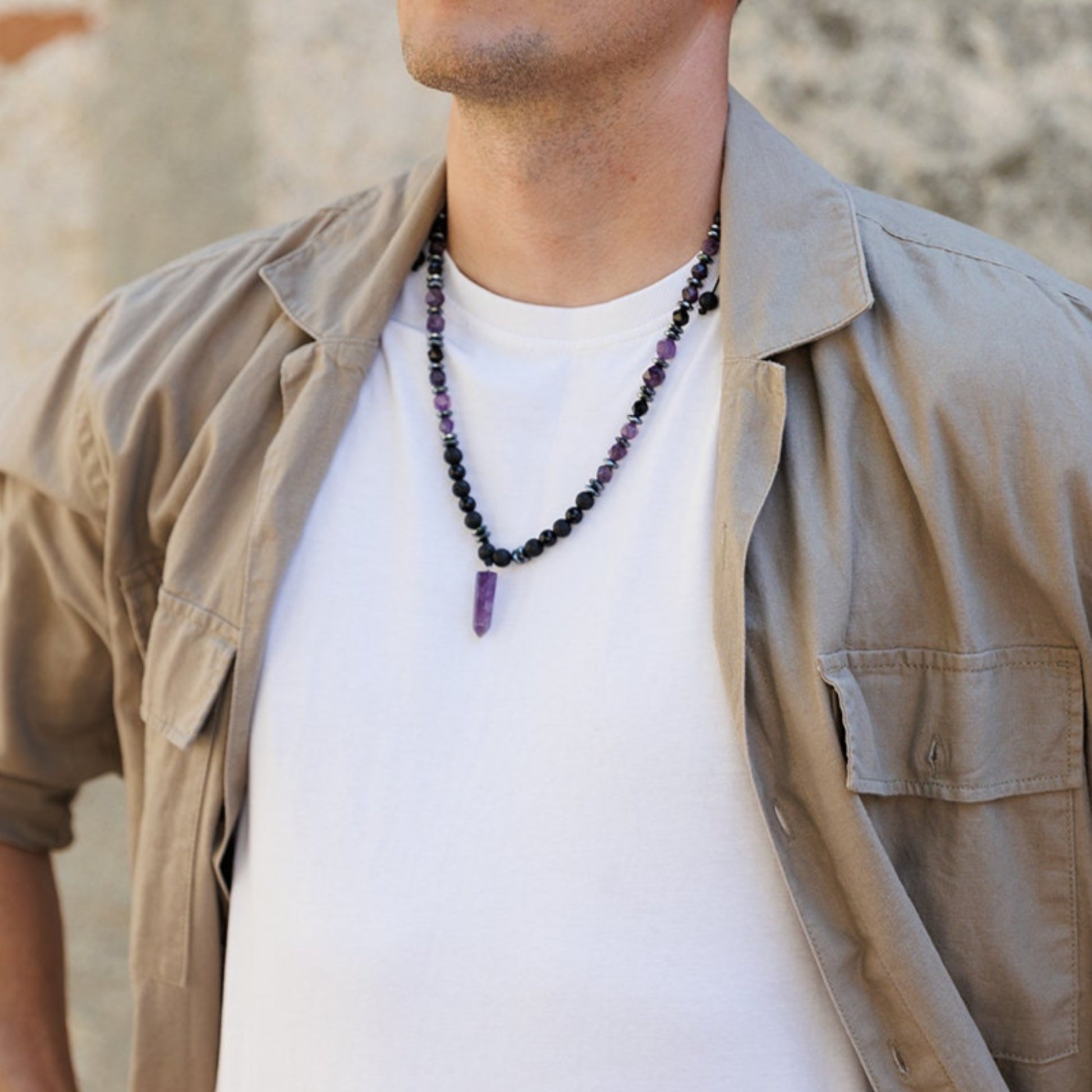 Amethyst Pendant Necklace, Men's Black Lava Stone Amethyst Agate Crystal Necklace, Long Beaded Adjustable Necklace, Gift for Men, Men's Gift - Shamballa Necklace - Birthstone Necklace - Gemstone Necklace Men - Chakra Necklace - Yoga Necklace - Mantra Necklace -Macrame Necklace  - Healing Necklace - Valinde
