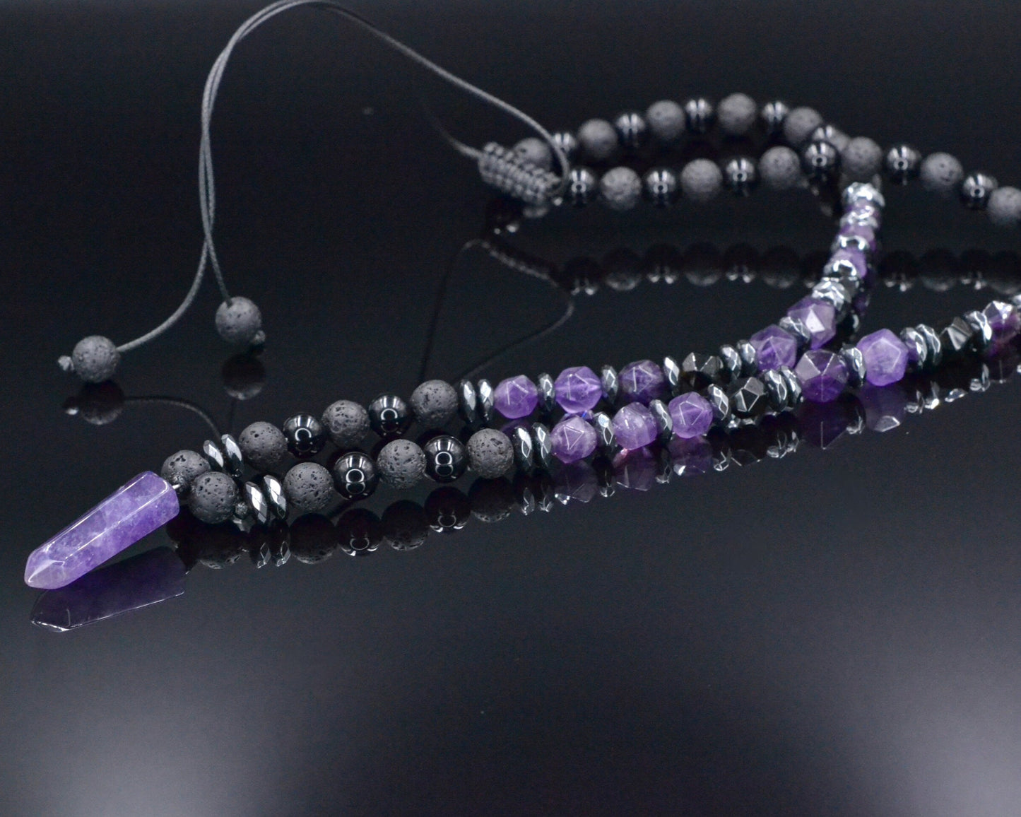 Amethyst Pendant Necklace, Men's Black Lava Stone Amethyst Agate Crystal Necklace, Long Beaded Adjustable Necklace, Gift for Men, Men's Gift - Shamballa Necklace - Birthstone Necklace - Gemstone Necklace Men - Chakra Necklace - Yoga Necklace - Mantra Necklace -Macrame Necklace  - Healing Necklace - Valinde
