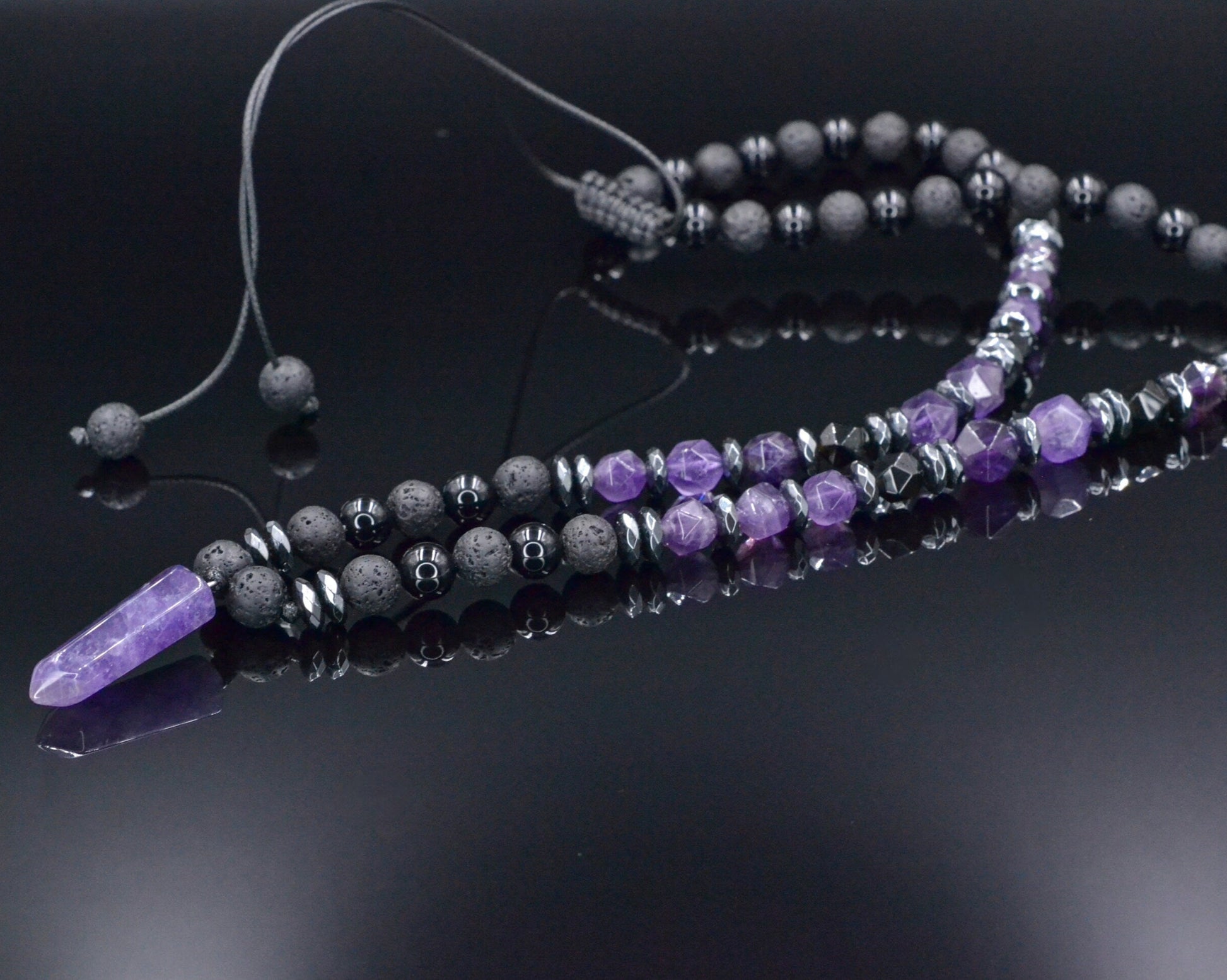 Amethyst Pendant Necklace, Men's Black Lava Stone Amethyst Agate Crystal Necklace, Long Beaded Adjustable Necklace, Gift for Men, Men's Gift - Shamballa Necklace - Birthstone Necklace - Gemstone Necklace Men - Chakra Necklace - Yoga Necklace - Mantra Necklace -Macrame Necklace  - Healing Necklace - Valinde
