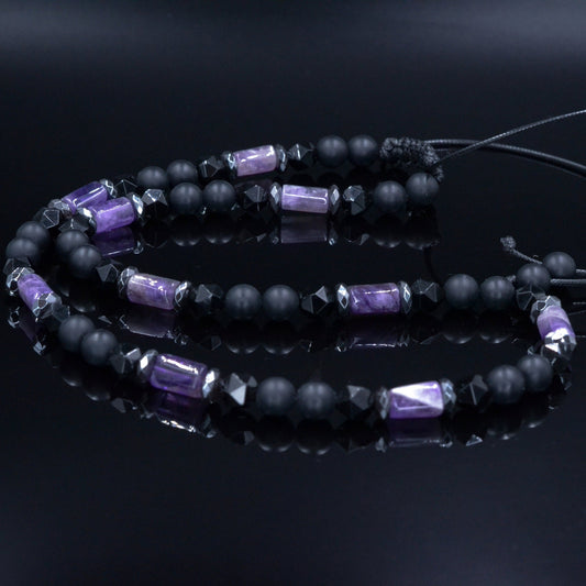 Amethyst Crystal Necklace for Men - Men's Black Onyx Short Necklace - Gift for Men - Adjustable Beaded necklace - Agate Stone Necklace - Shamballa Necklace - Birthstone Necklace - Gemstone Necklace Men - Chakra Necklace - Macrame Necklace  - Healing Necklace - Valinde