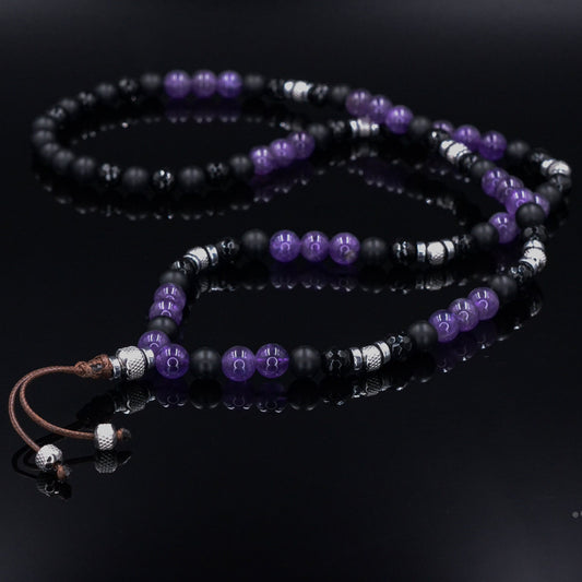Men's Amethyst and Steel Beaded Necklace - Long Crystal Necklace - Black Onyx Necklace - Gift for Men - Agate Hematite Gemstone Necklace- Shamballa Necklace - Birthstone Necklace - Gemstone Necklace Men - Chakra Necklace - Macrame Necklace  - Healing Necklace - Valinde