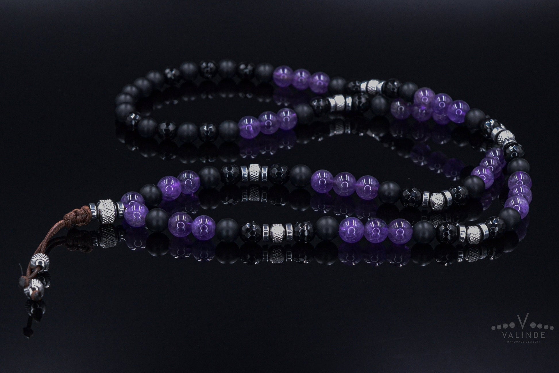 Men's Amethyst and Steel Beaded Necklace - Long Crystal Necklace - Black Onyx Necklace - Gift for Men - Agate Hematite Gemstone Necklace- Shamballa Necklace - Birthstone Necklace - Gemstone Necklace Men - Chakra Necklace - Macrame Necklace  - Healing Necklace - Valinde
