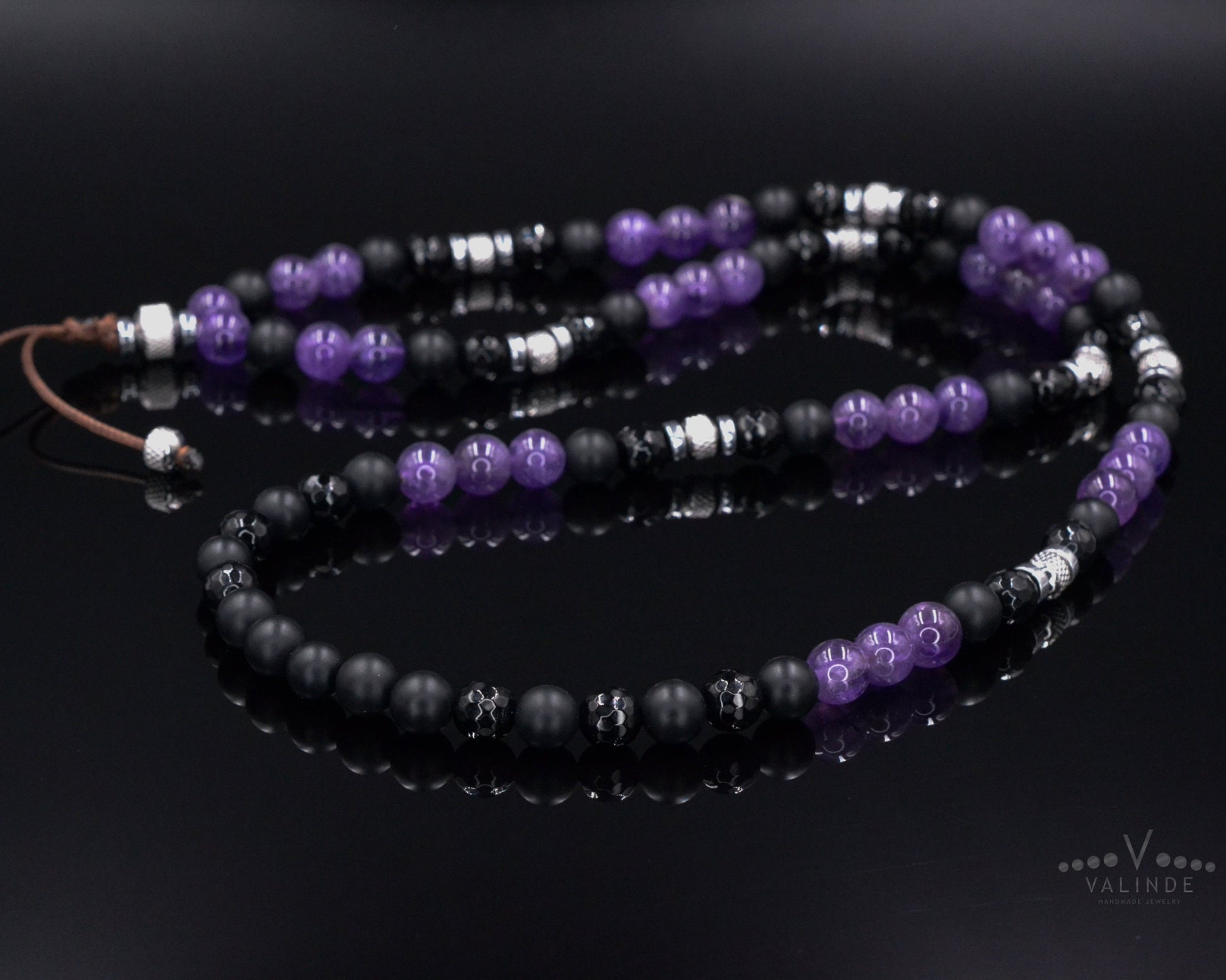 Men's Amethyst and Steel Beaded Necklace - Long Crystal Necklace - Black Onyx Necklace - Gift for Men - Agate Hematite Gemstone Necklace- Shamballa Necklace - Birthstone Necklace - Gemstone Necklace Men - Chakra Necklace - Macrame Necklace  - Healing Necklace - Valinde
