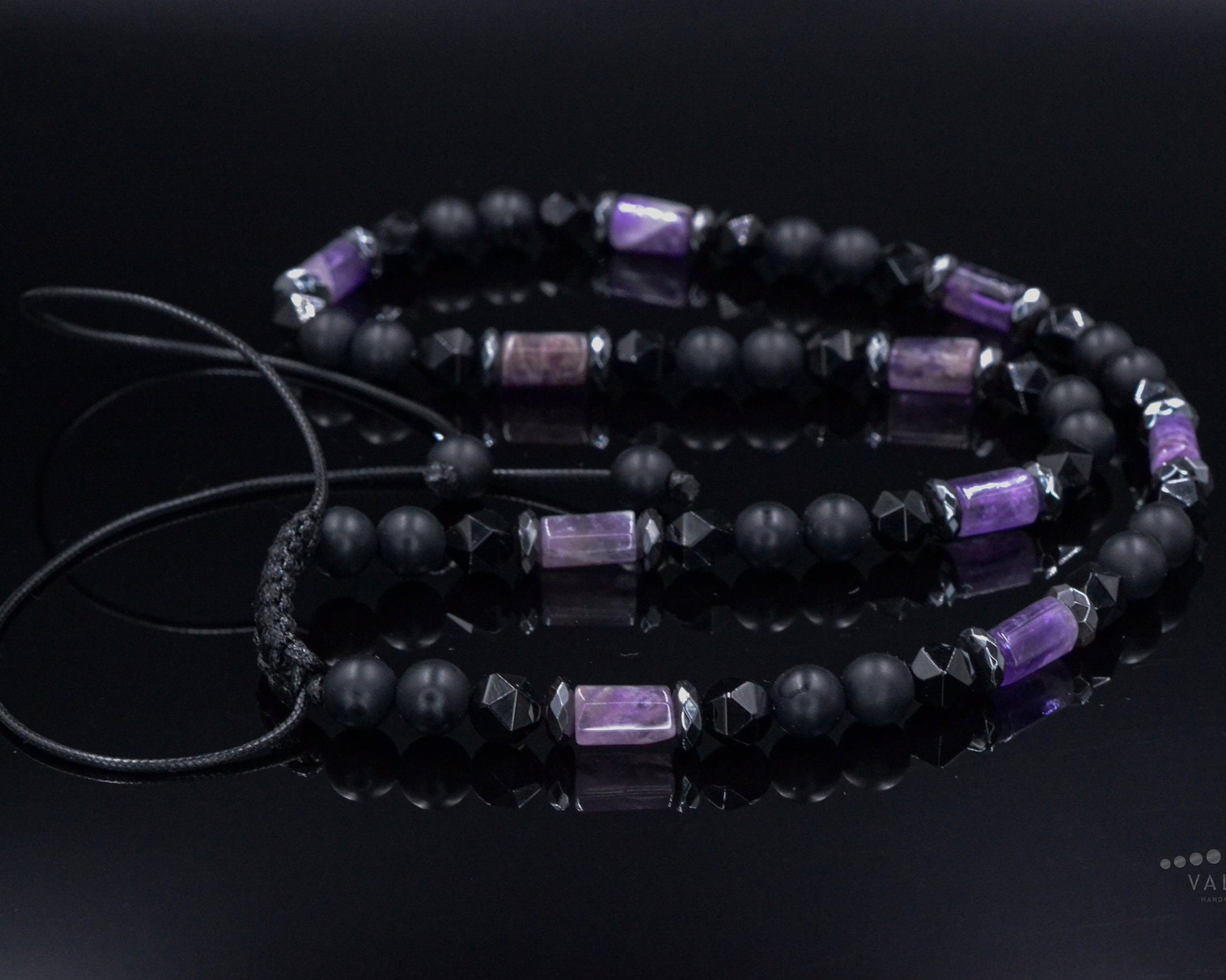 Amethyst Crystal Necklace for Men - Men's Black Onyx Short Necklace - Gift for Men - Adjustable Beaded necklace - Agate Stone Necklace - Shamballa Necklace - Birthstone Necklace - Gemstone Necklace Men - Chakra Necklace - Macrame Necklace  - Healing Necklace - Valinde
