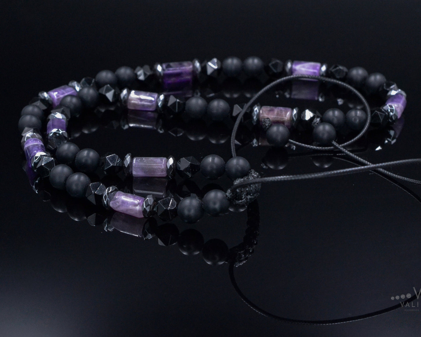 Amethyst Crystal Necklace for Men - Men's Black Onyx Short Necklace - Gift for Men - Adjustable Beaded necklace - Agate Stone Necklace - Shamballa Necklace - Birthstone Necklace - Gemstone Necklace Men - Chakra Necklace - Macrame Necklace  - Healing Necklace - Valinde
