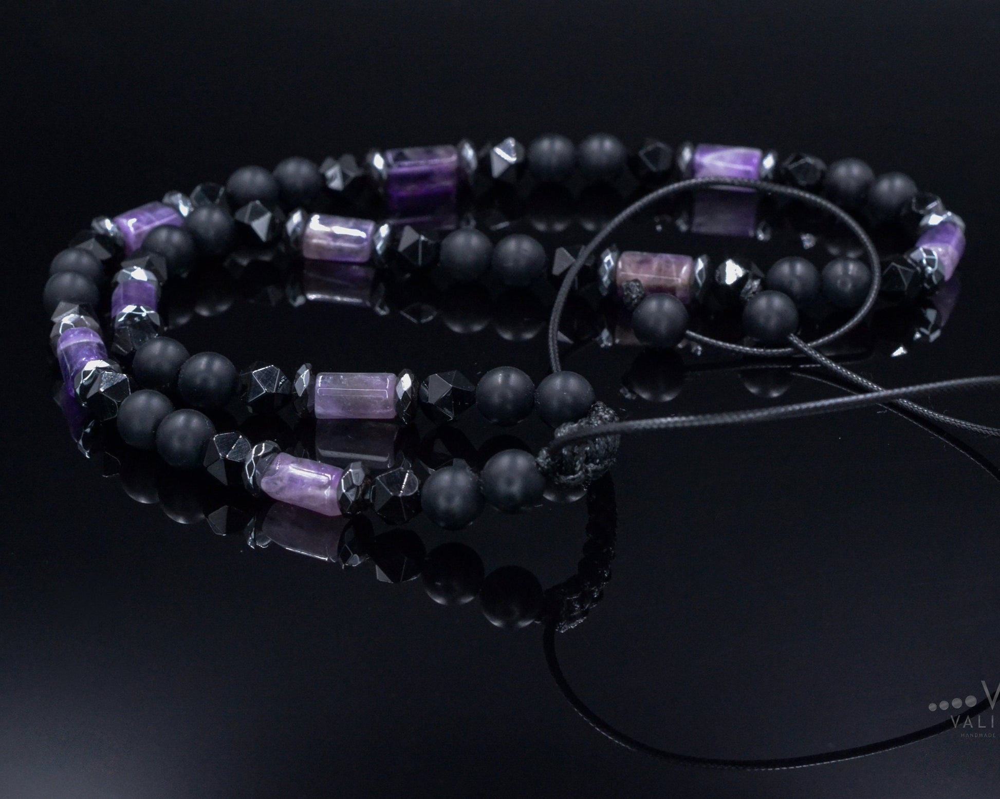 Amethyst Crystal Necklace for Men - Men's Black Onyx Short Necklace - Gift for Men - Adjustable Beaded necklace - Agate Stone Necklace - Shamballa Necklace - Birthstone Necklace - Gemstone Necklace Men - Chakra Necklace - Macrame Necklace  - Healing Necklace - Valinde
