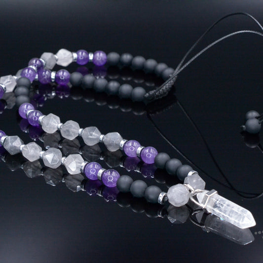 Amethyst Quartz Beaded Necklace - Men's Crystal Pendant Necklace - Gemstone Black Onyx Adjustable Necklace - Short Necklace - Gift for Men - Shamballa Necklace - Birthstone Necklace - Gemstone Necklace Men - Chakra Necklace - Macrame Necklace  - Healing Necklace - Valinde