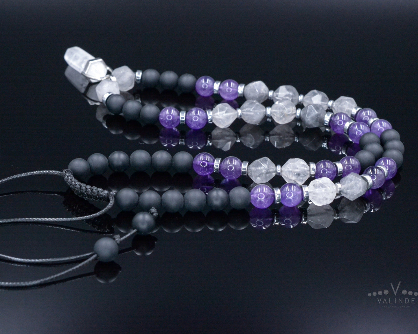 Amethyst Quartz Beaded Necklace - Men's Crystal Pendant Necklace - Gemstone Black Onyx Adjustable Necklace - Short Necklace - Gift for Men - Shamballa Necklace - Birthstone Necklace - Gemstone Necklace Men - Chakra Necklace - Macrame Necklace  - Healing Necklace - Valinde
