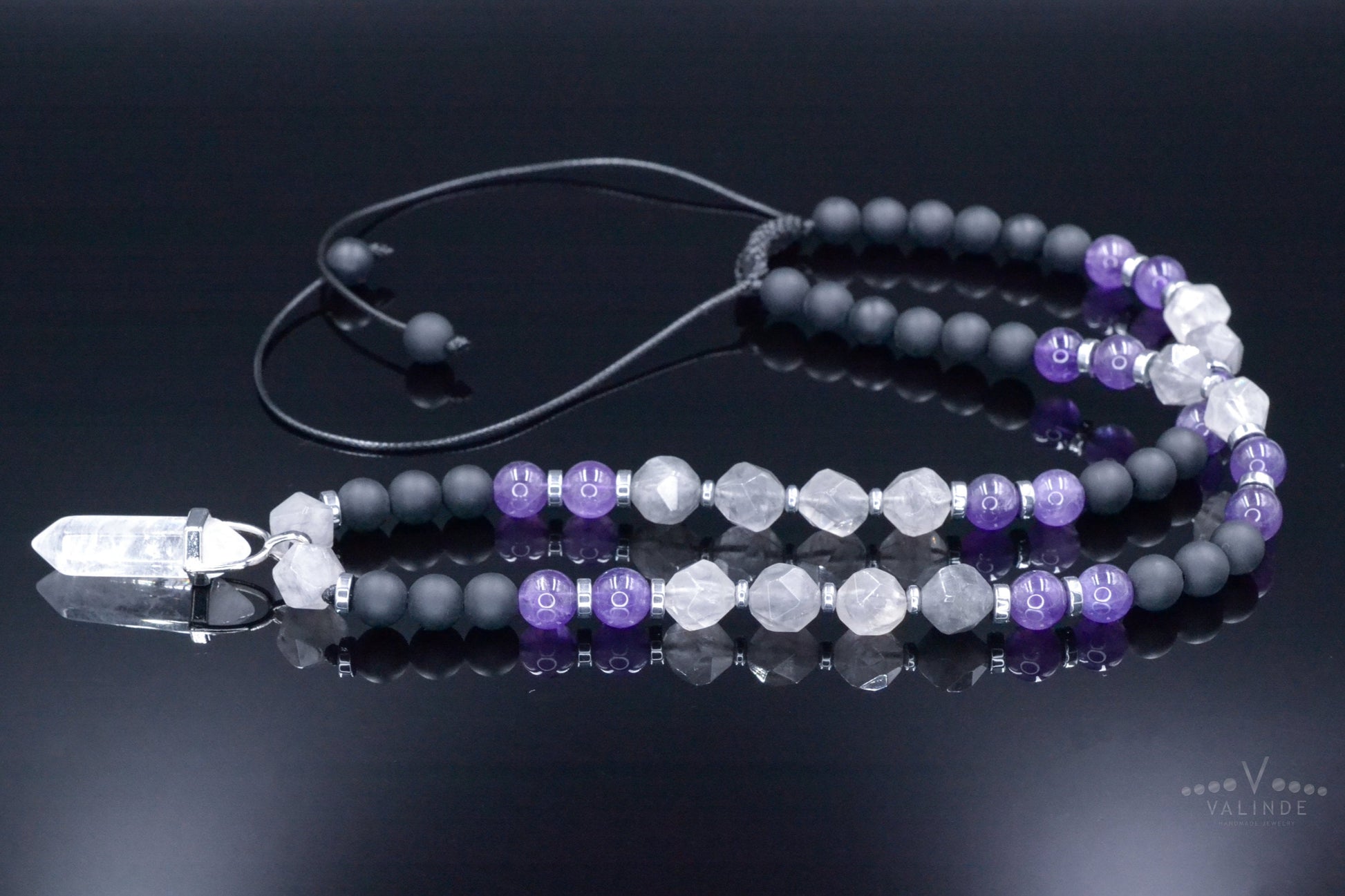 Amethyst Quartz Beaded Necklace - Men's Crystal Pendant Necklace - Gemstone Black Onyx Adjustable Necklace - Short Necklace - Gift for Men - Shamballa Necklace - Birthstone Necklace - Gemstone Necklace Men - Chakra Necklace - Macrame Necklace  - Healing Necklace - Valinde
