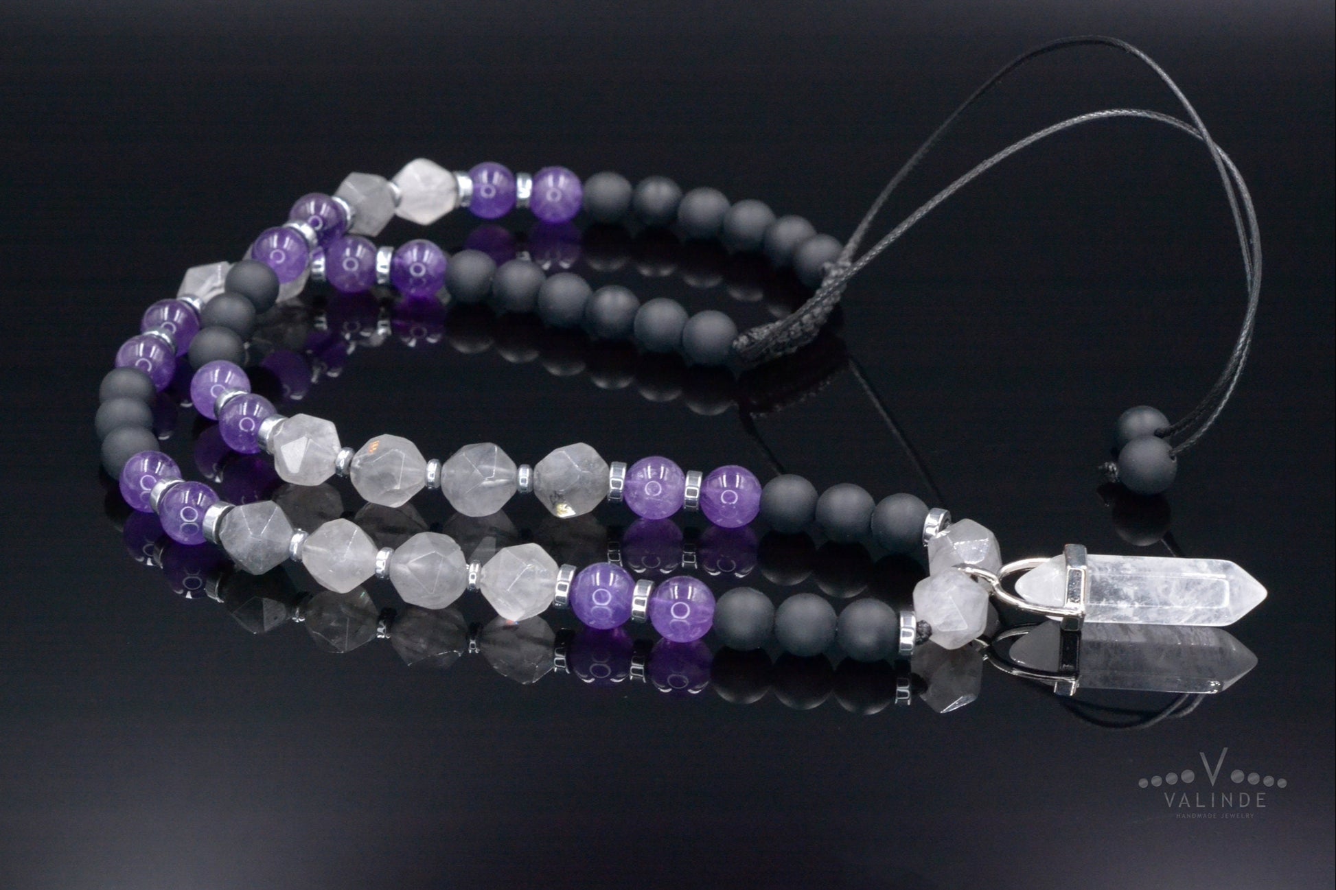 Amethyst Quartz Beaded Necklace - Men's Crystal Pendant Necklace - Gemstone Black Onyx Adjustable Necklace - Short Necklace - Gift for Men - Shamballa Necklace - Birthstone Necklace - Gemstone Necklace Men - Chakra Necklace - Macrame Necklace  - Healing Necklace - Valinde
