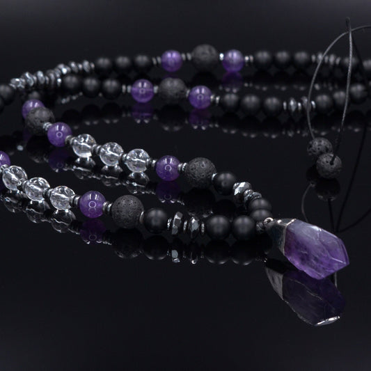 Men's Amethyst Adjustable Necklace - Raw Crystal Pendant Necklace - Black Onyx Lava Stone Necklace - Long Beaded Necklace - Gift for Men - Shamballa Necklace - Birthstone Necklace - Gemstone Necklace Men - Chakra Necklace - Macrame Necklace  - Healing Necklace - Valinde